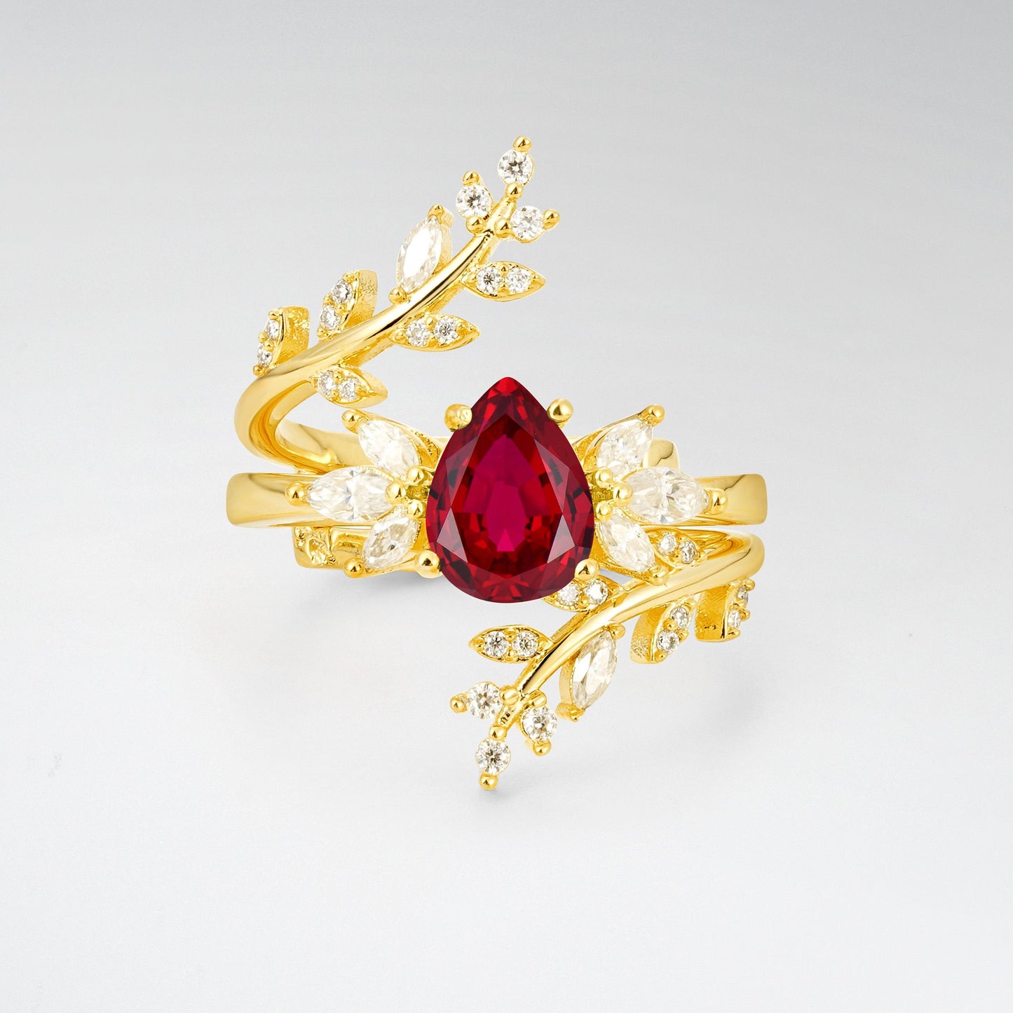 Pear Cut Ruby Nature-Inspired Bridal Ring Set for Her - Yellow-Gold