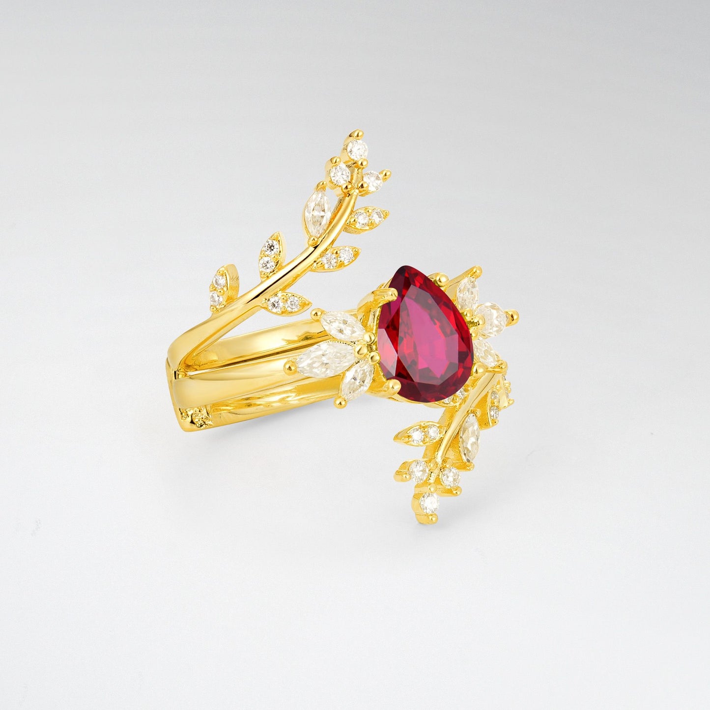 Pear Cut Ruby Nature-Inspired Bridal Ring Set for Her - Rose-Gold