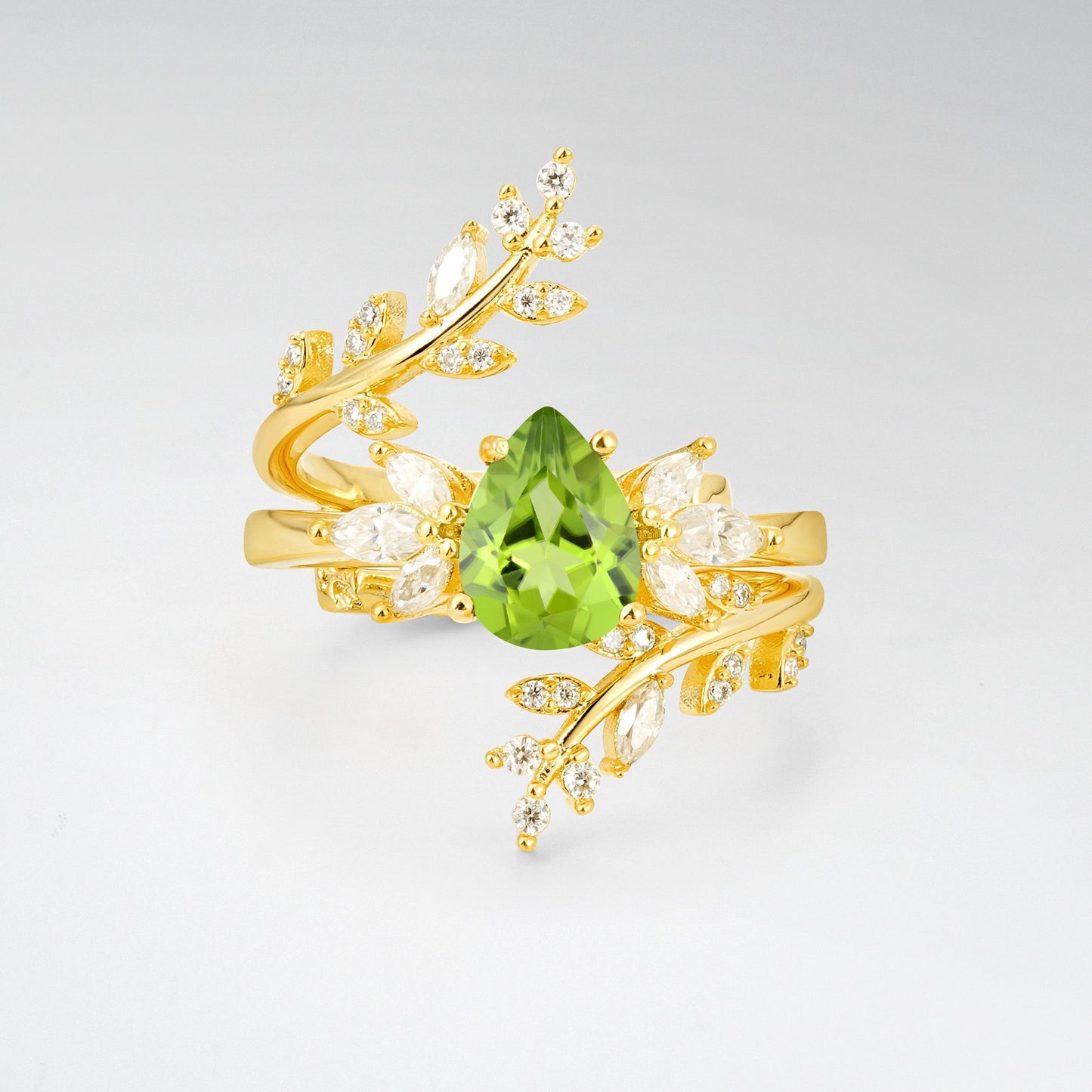 Pear Cut Peridot Nature-Inspired Bridal Ring Set for Her - Yellow-Gold