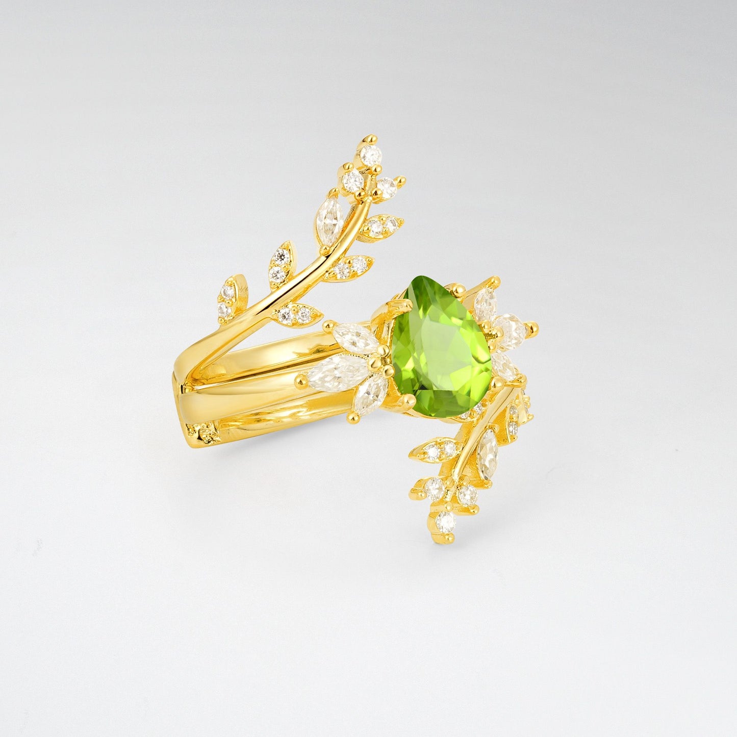 Pear Cut Peridot Nature-Inspired Bridal Ring Set for Her - Rose-Gold