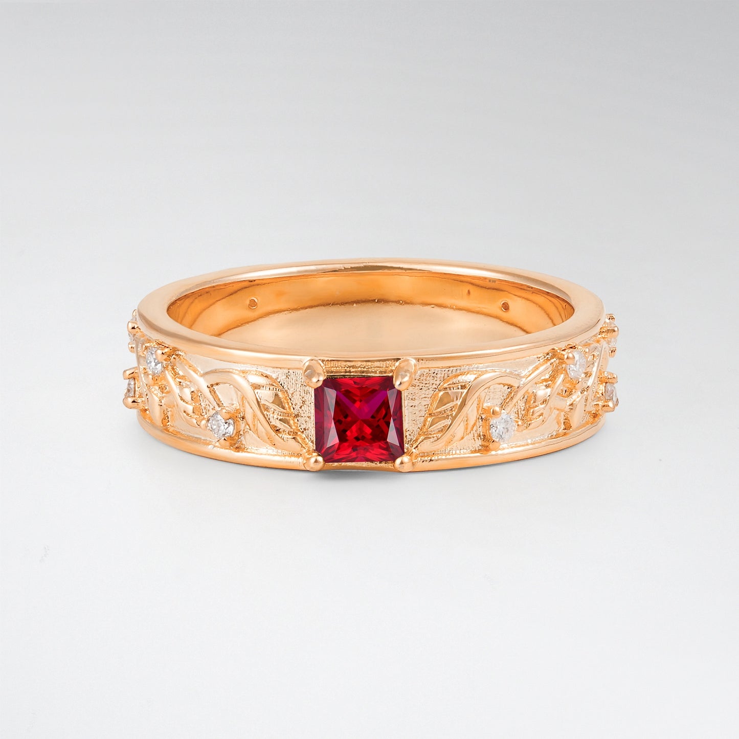 Nature Inspired Princess Cut Ruby Mens Wedding Band - Additional view