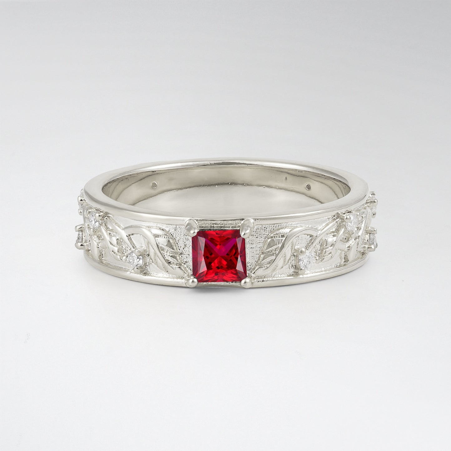 Nature Inspired Princess Cut Ruby Mens Wedding Band - Additional view