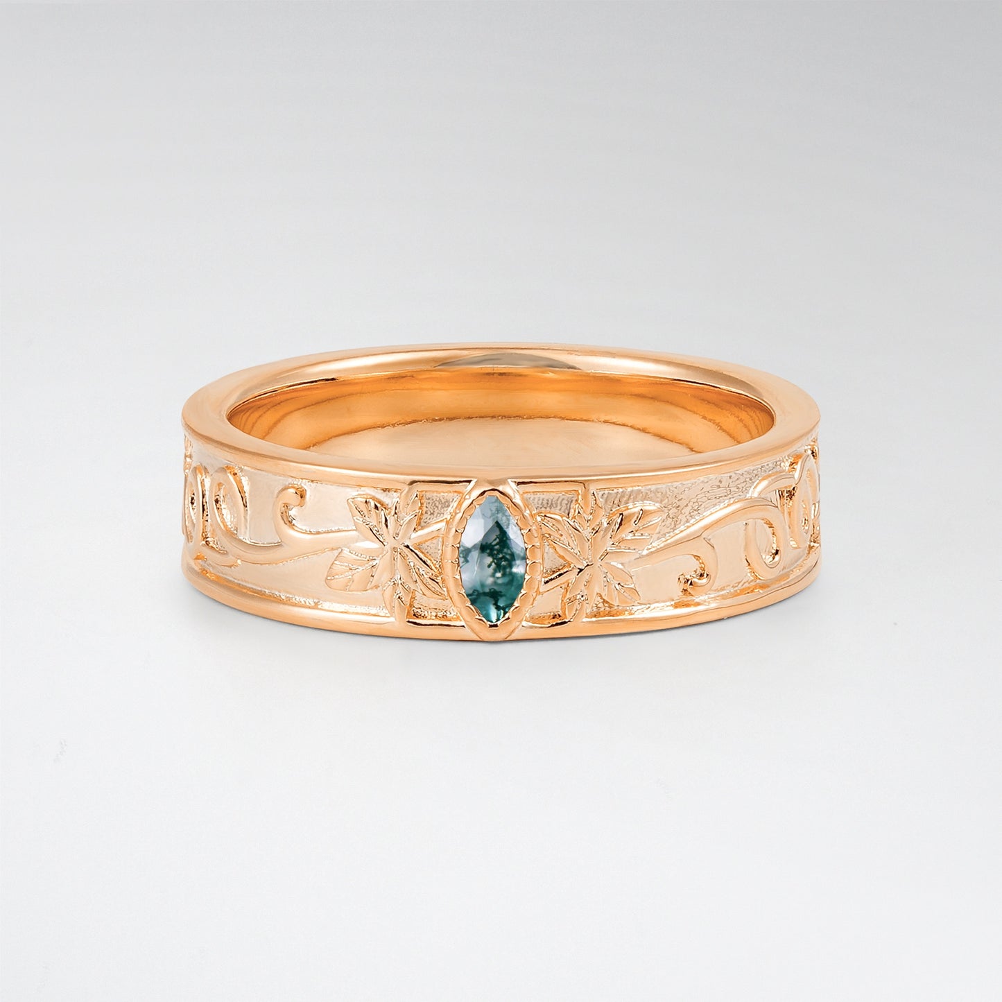 Bezel Marquise Cut Moss Agate Nature Inspired Mens Band - Additional view