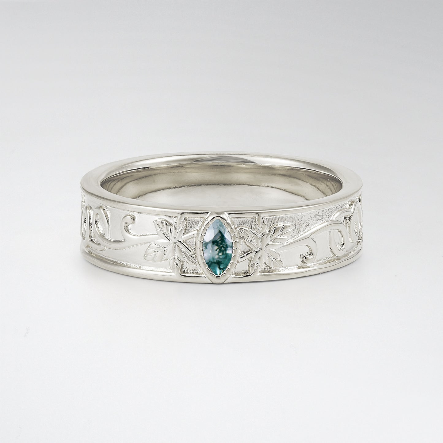 Bezel Marquise Cut Moss Agate Nature Inspired Mens Band - Additional view