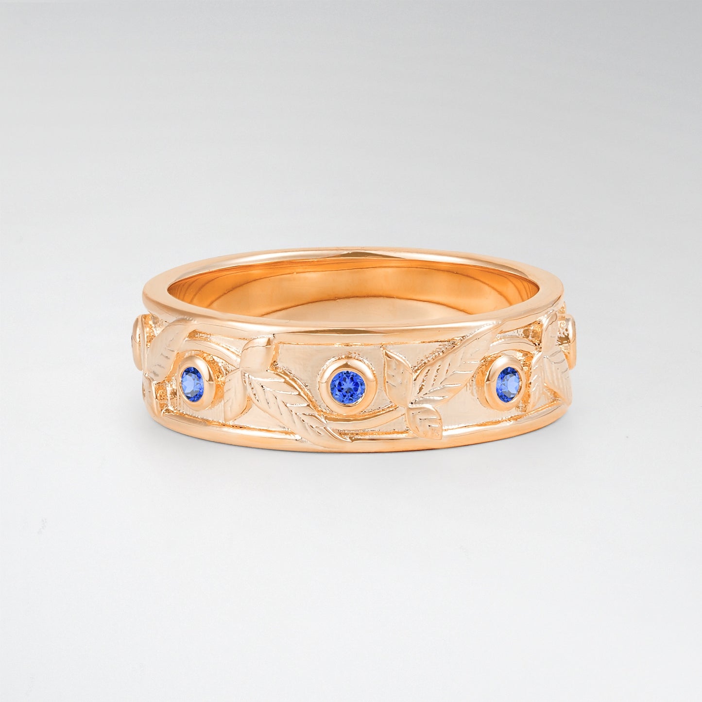 Bezel Leaf Nature Inspired Round Sapphire Mens Band - Additional view