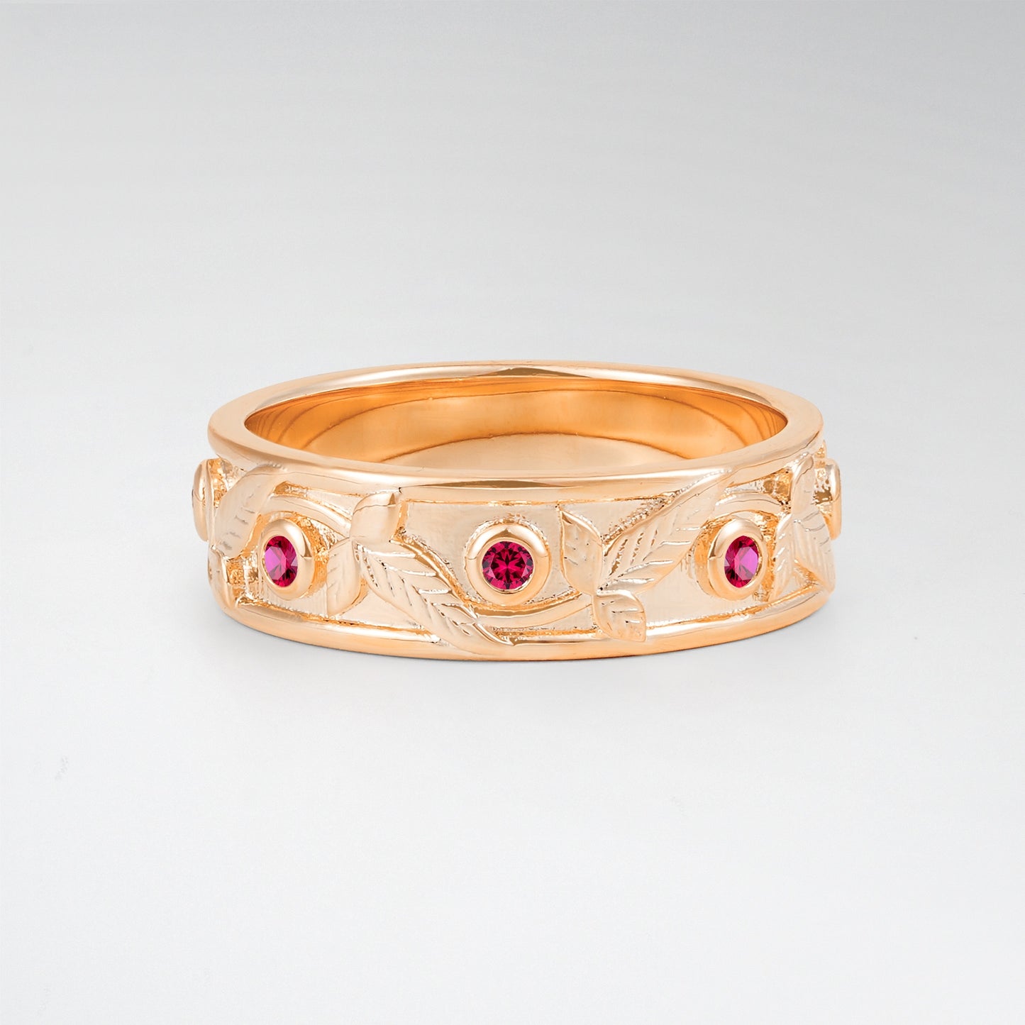 Bezel Leaf Nature Inspired Round Ruby Mens Band - Additional view