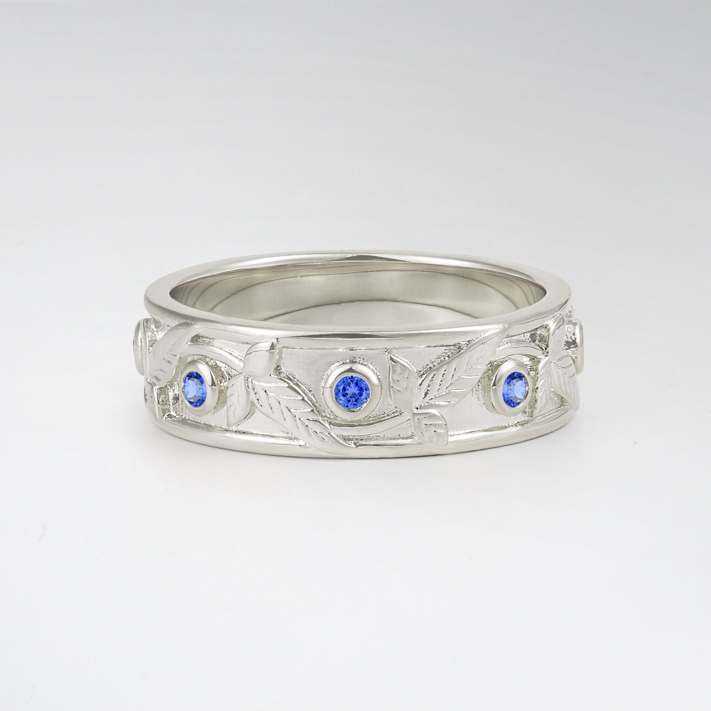 Bezel Leaf Nature Inspired Round Sapphire Mens Band - Additional view