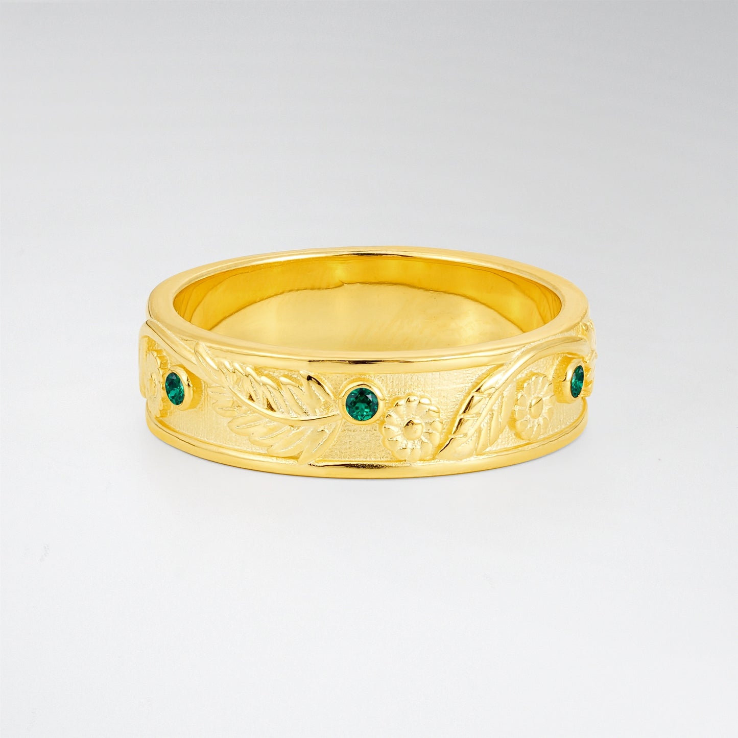 Leaf Floral Emerald Mens Wedding Band - Additional view