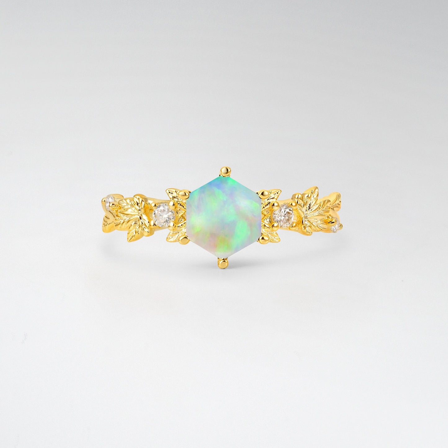 Vintage Hexagon Cut Opal Leaf Engagement Ring - Additional view