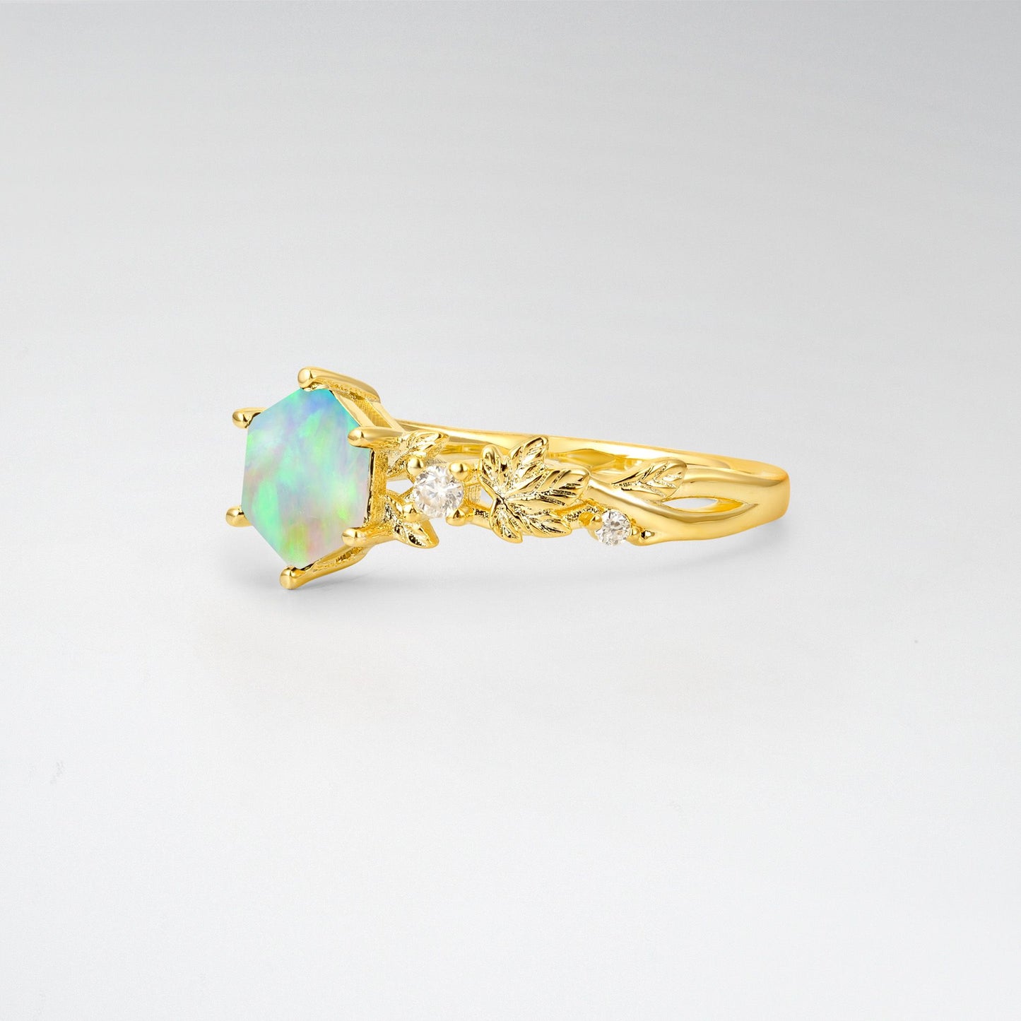 Vintage Hexagon Cut Opal Leaf Engagement Ring - Additional view