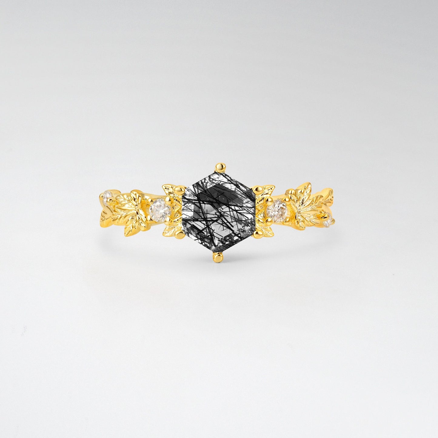Vintage Hexagon Cut Black Rutilated Quartz Leaf Engagement Ring - Additional view