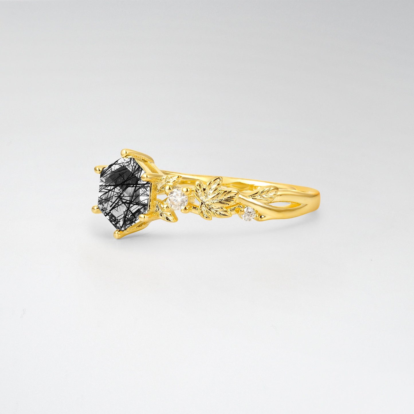 Vintage Hexagon Cut Black Rutilated Quartz Leaf Engagement Ring - Additional view