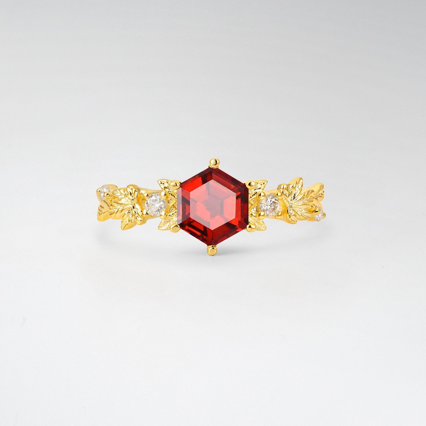 Vintage Hexagon Cut Garnet Leaf Engagement Ring - Additional view