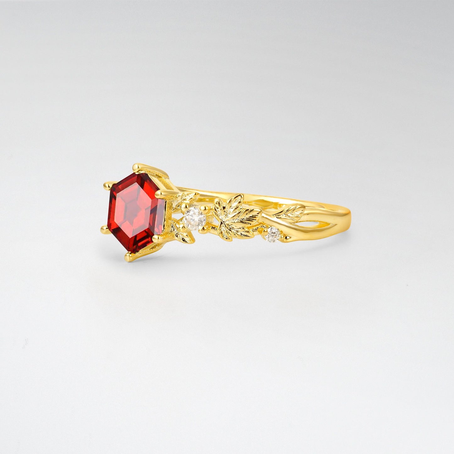 Vintage Hexagon Cut Garnet Leaf Engagement Ring - Additional view
