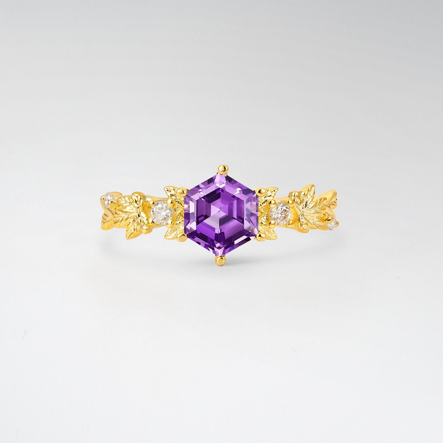 Vintage Hexagon Cut Amethyst Leaf Engagement Ring - Additional view