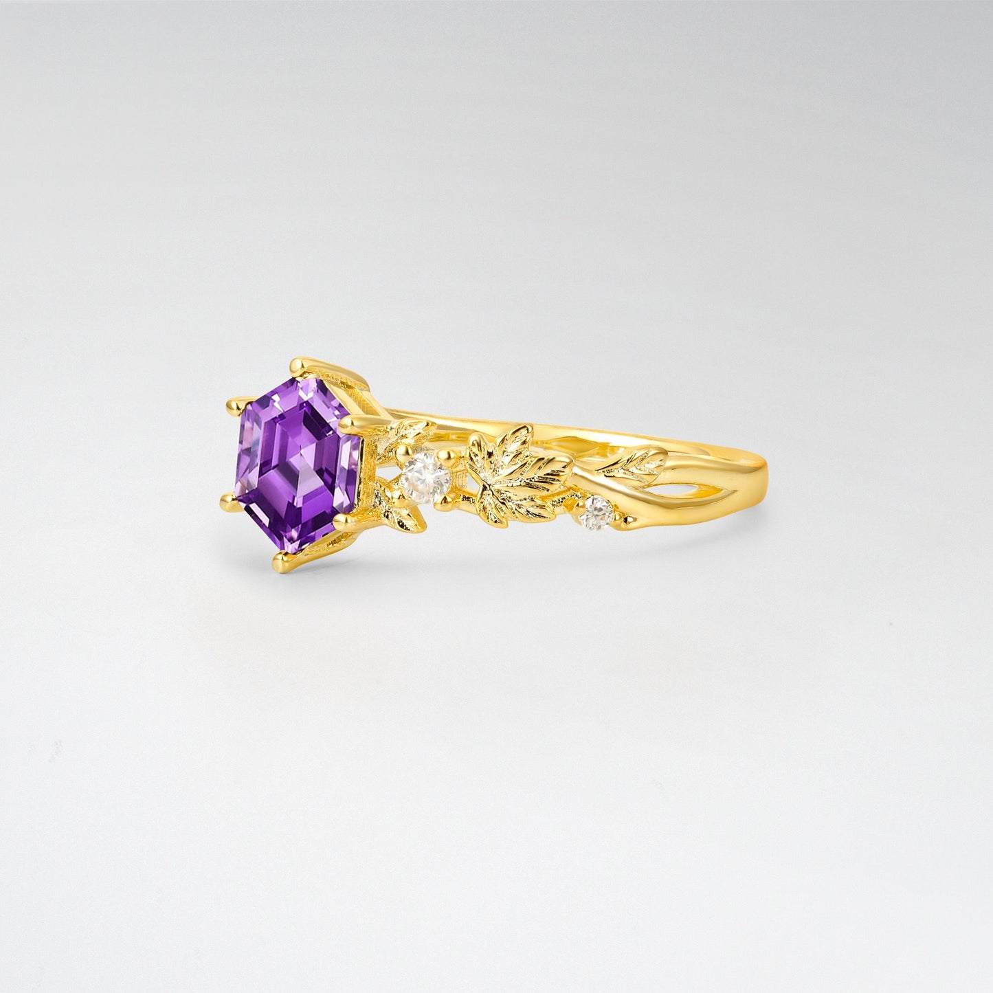 Vintage Hexagon Cut Amethyst Leaf Engagement Ring - Additional view