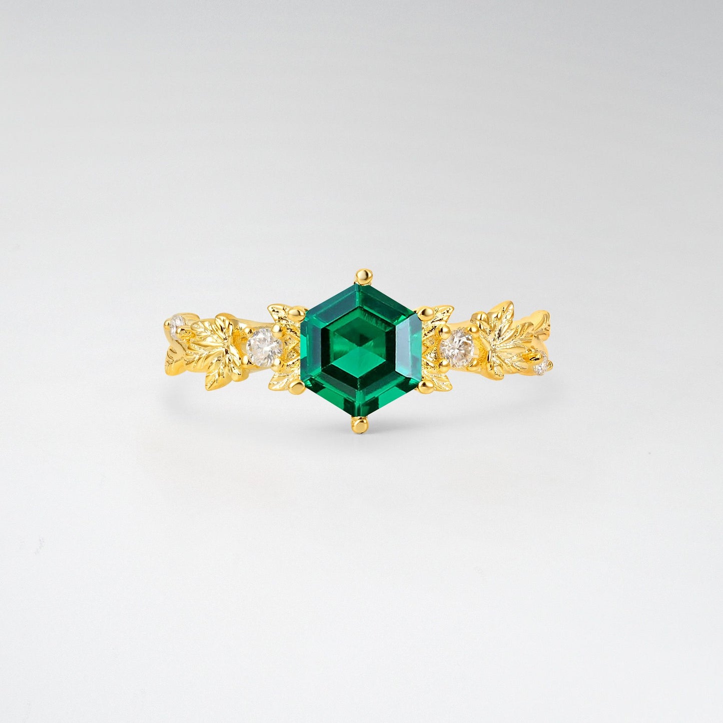 Vintage Hexagon Cut Emerald Leaf Engagement Ring - Additional view