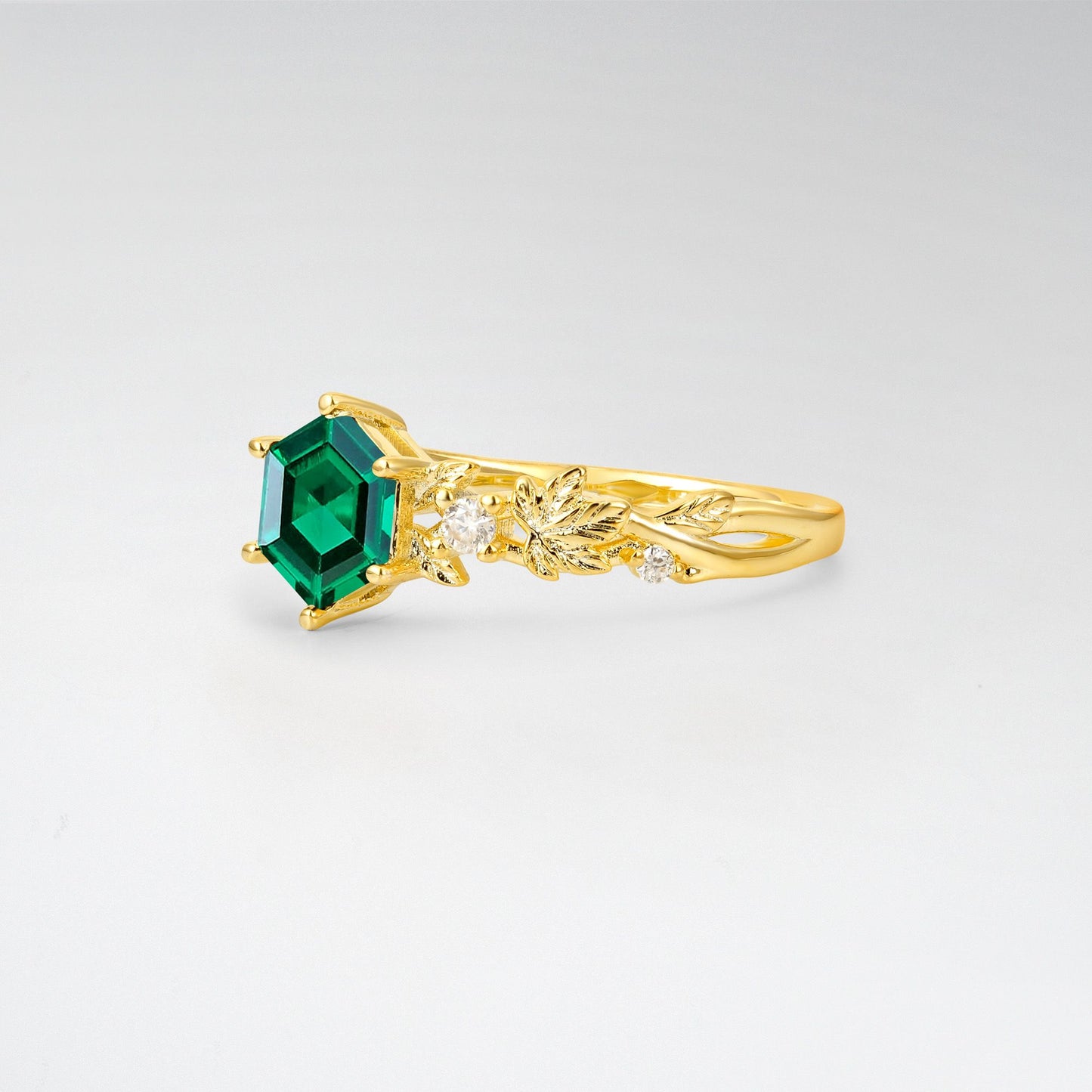 Vintage Hexagon Cut Emerald Leaf Engagement Ring - Additional view
