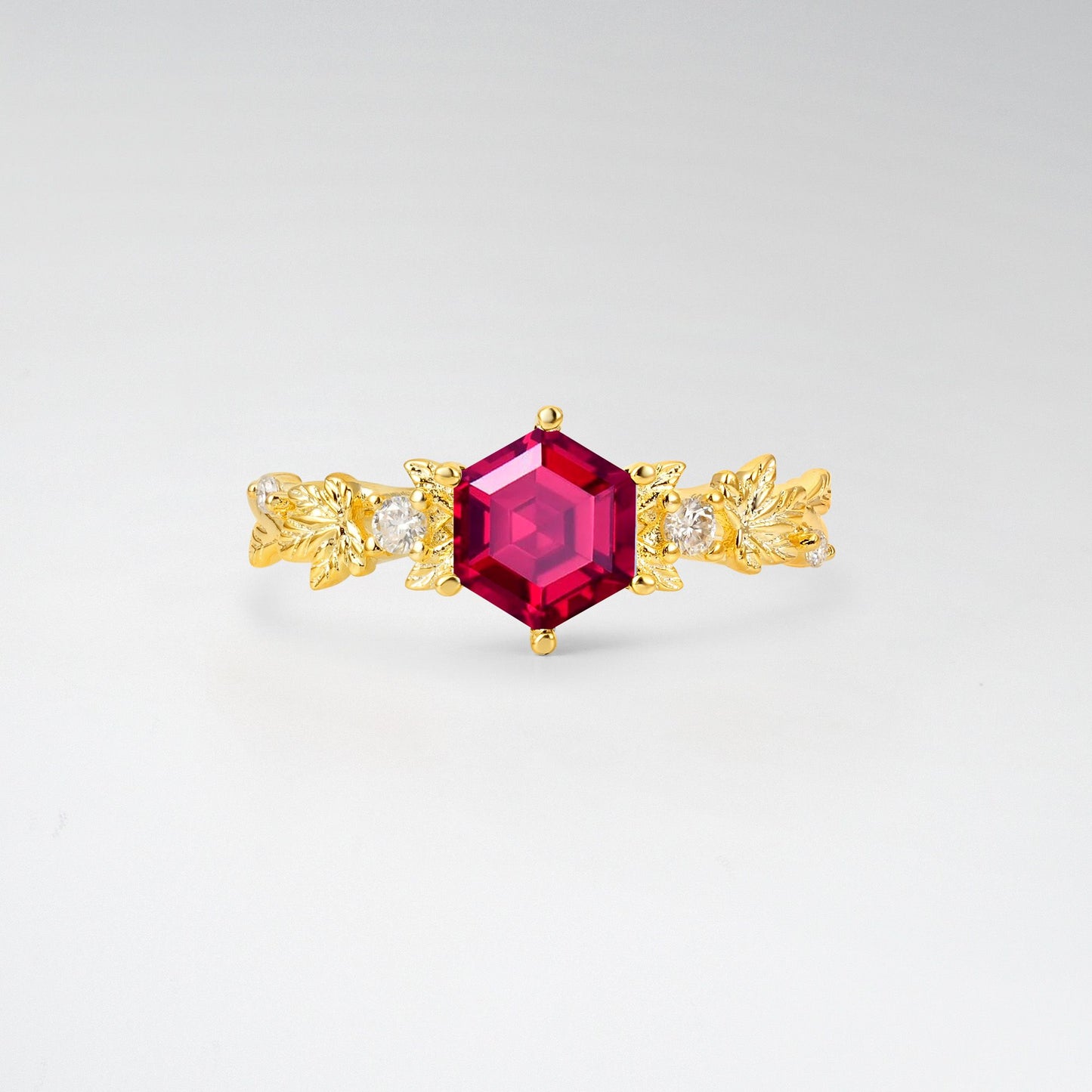 Vintage Hexagon Cut Ruby Leaf Engagement Ring - Additional view