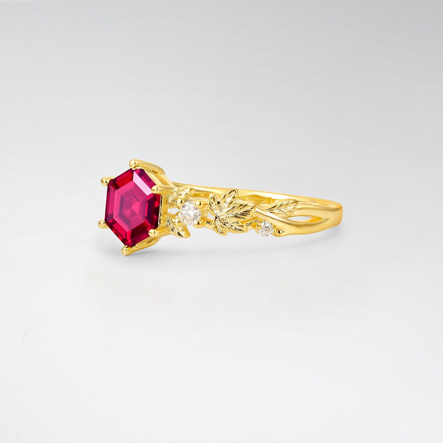 Vintage Hexagon Cut Ruby Leaf Engagement Ring - Additional view
