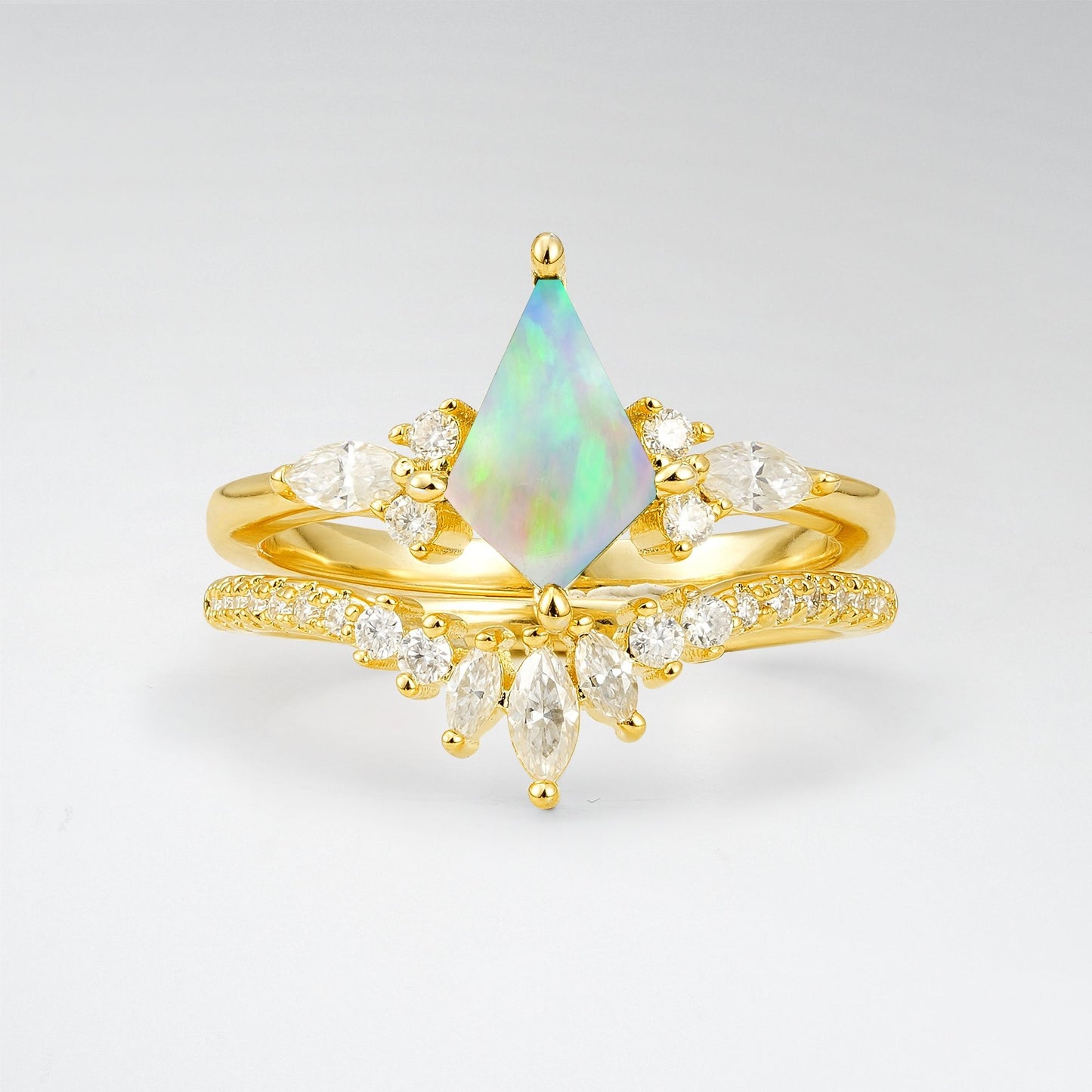 Vintage Kite Cut Opal Tiara Engagement Ring Set - Yellow-Gold