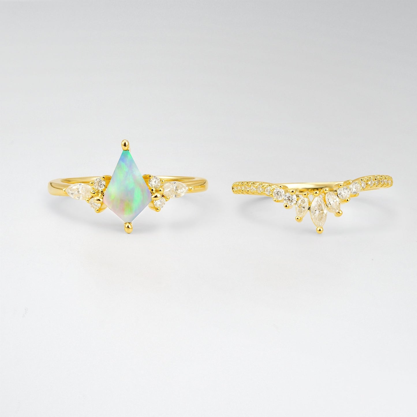 Vintage Kite Cut Opal Tiara Engagement Ring Set - Rose-Gold