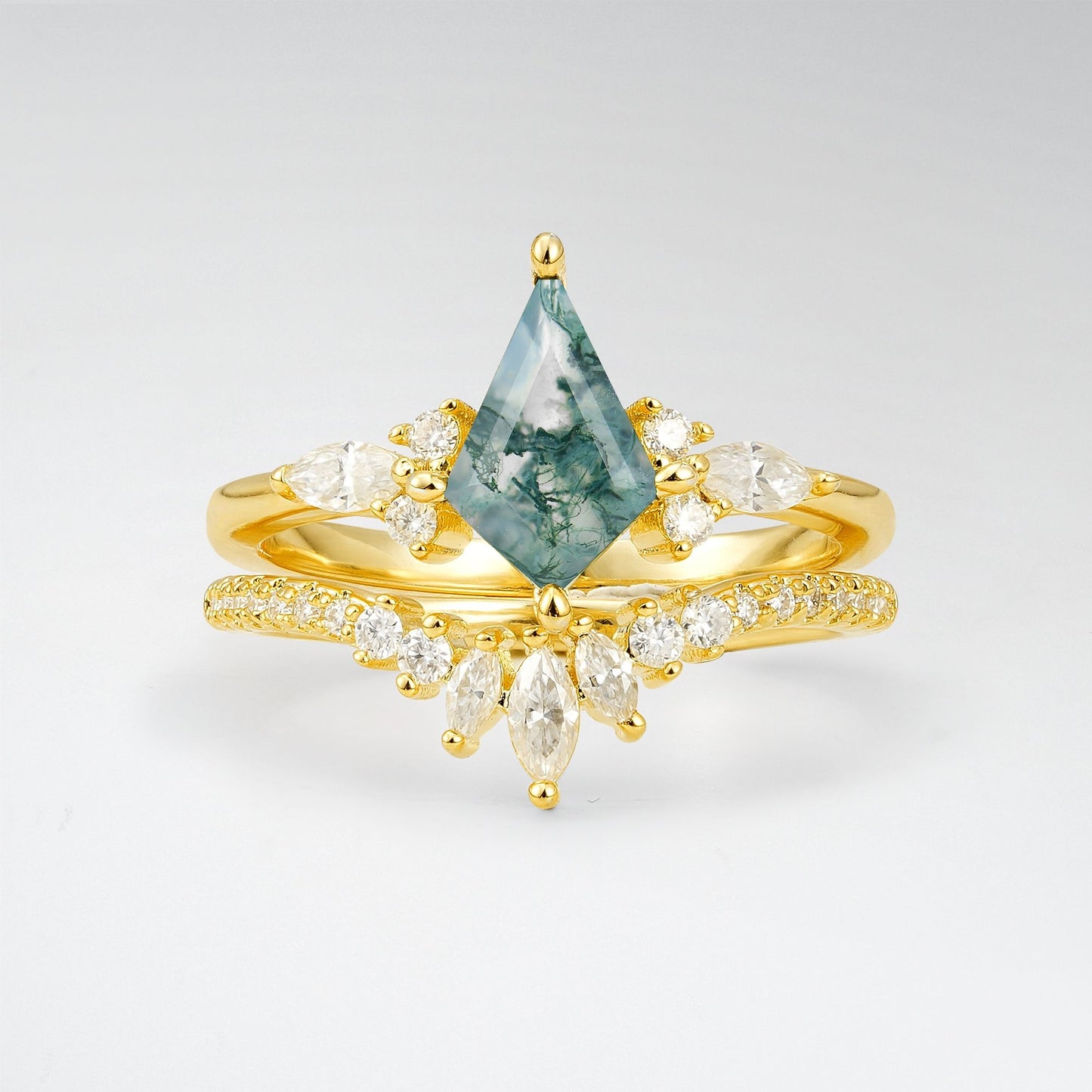 Vintage Kite Cut Moss Agate Tiara Engagement Ring Set - Yellow-Gold