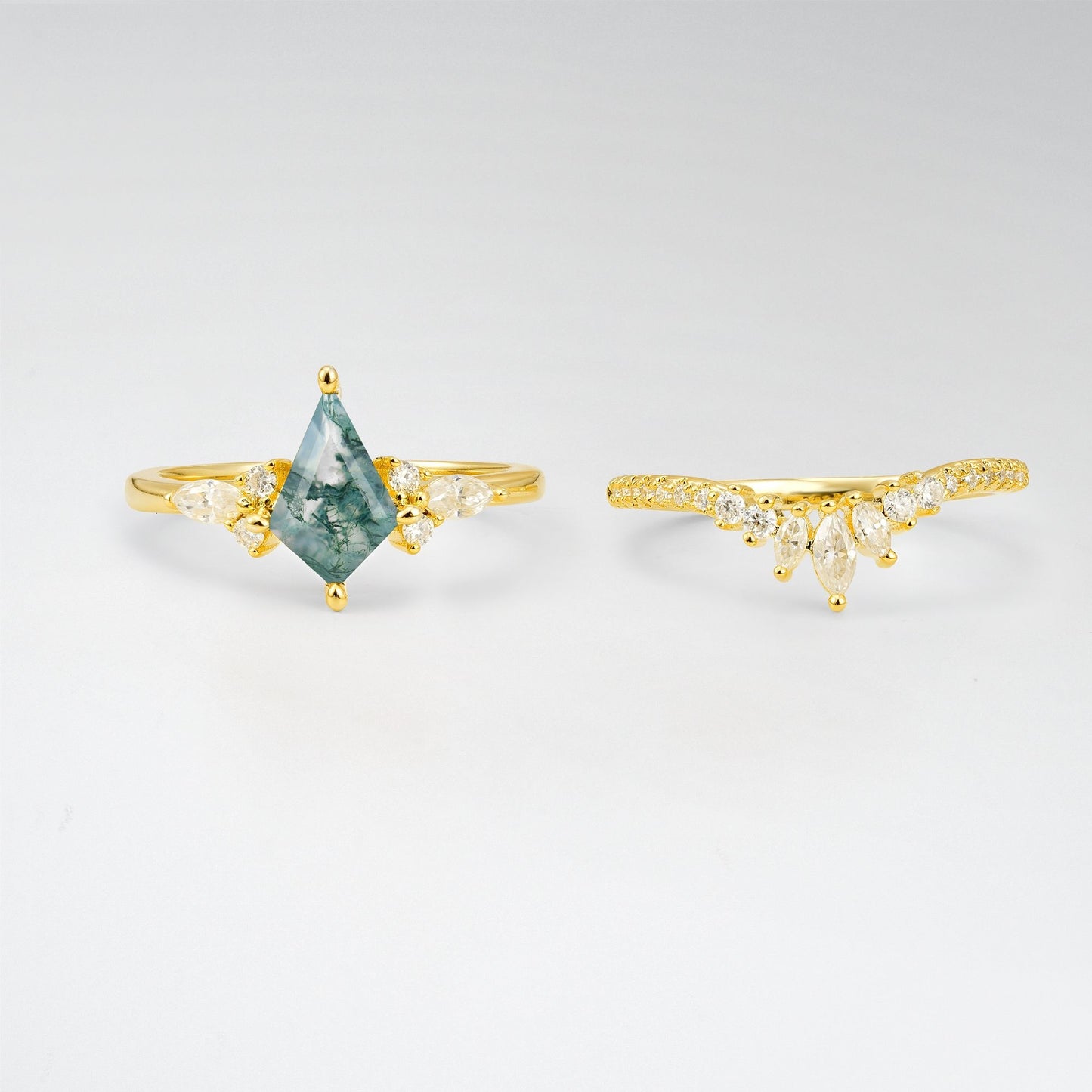 Vintage Kite Cut Moss Agate Tiara Engagement Ring Set - Rose-Gold