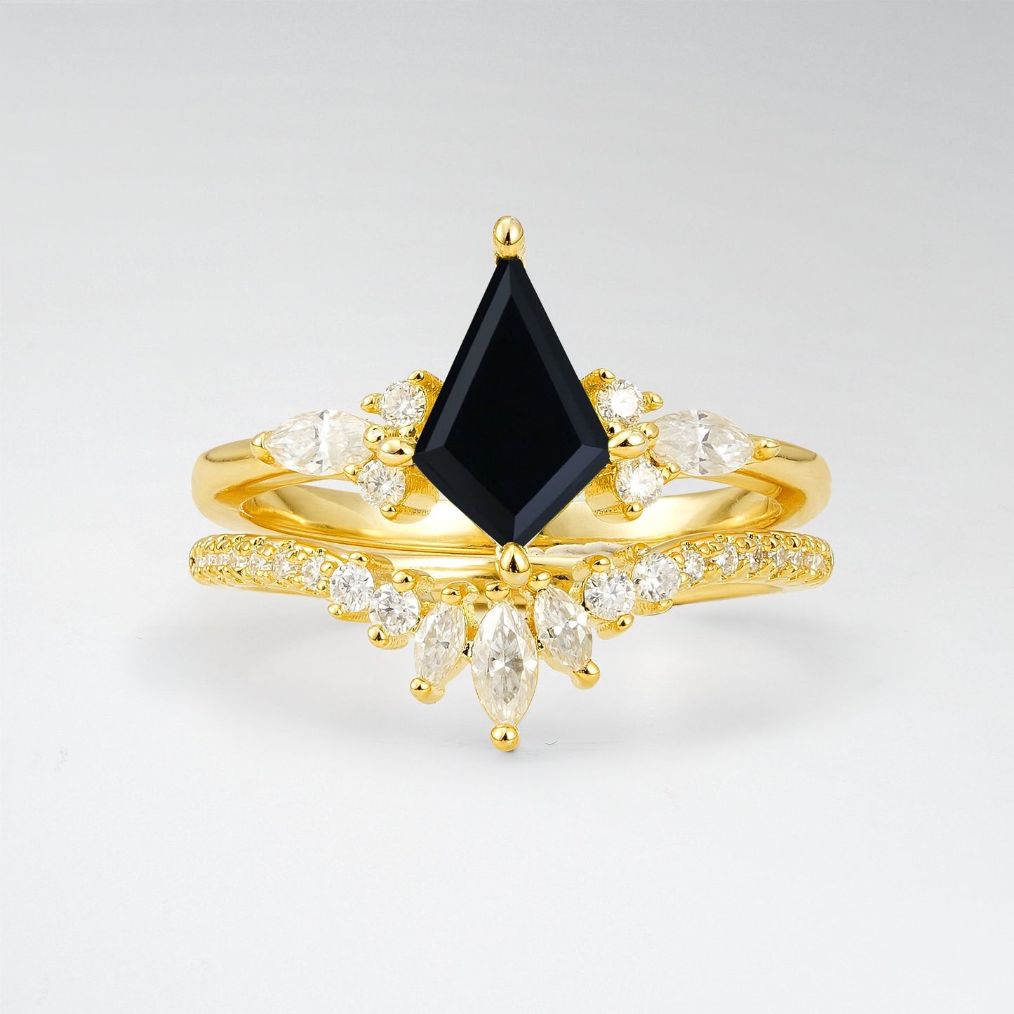 Vintage Kite Cut Black Onyx Tiara Engagement Ring Set - Yellow-Gold