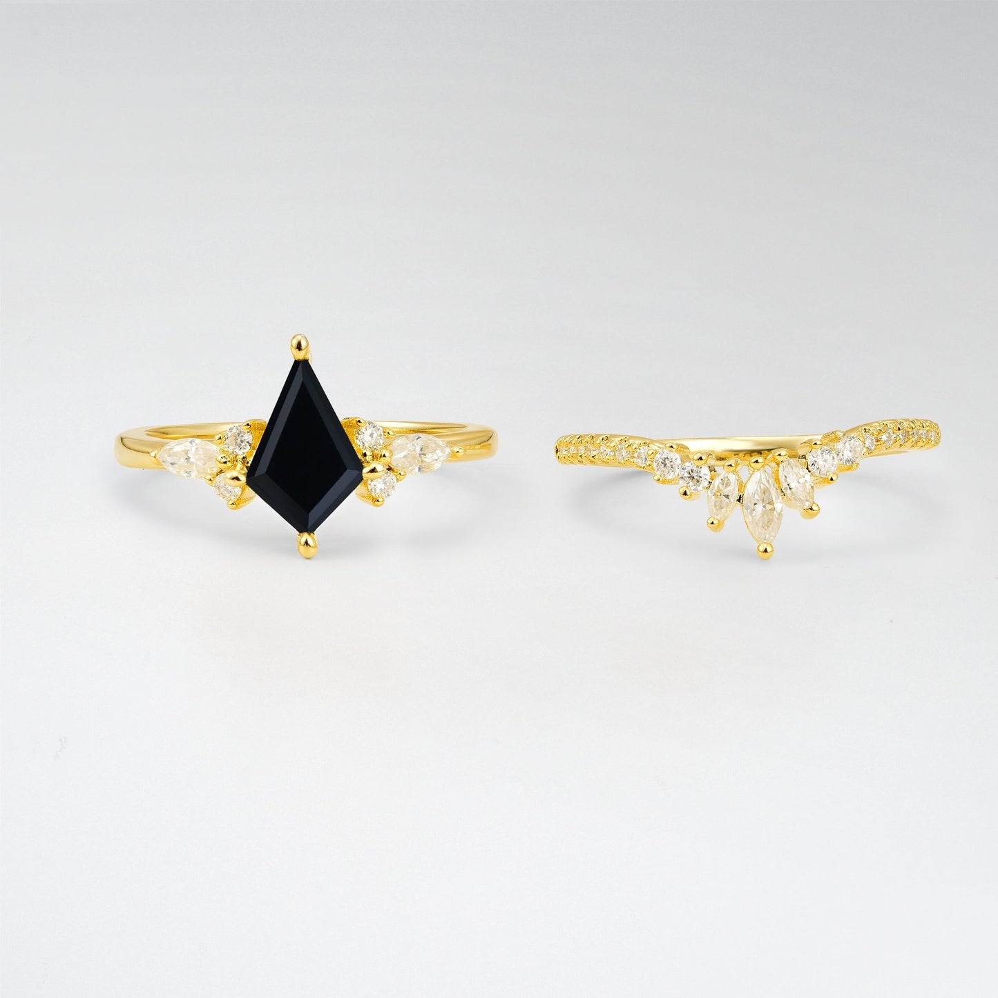 Vintage Kite Cut Black Onyx Tiara Engagement Ring Set - Rose-Gold