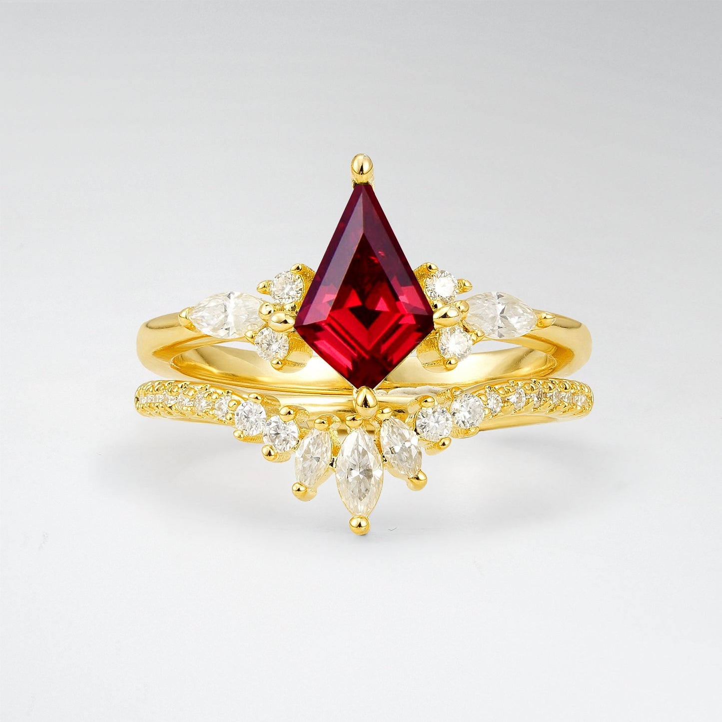 Vintage Kite Cut Ruby Tiara Engagement Ring Set - Yellow-Gold
