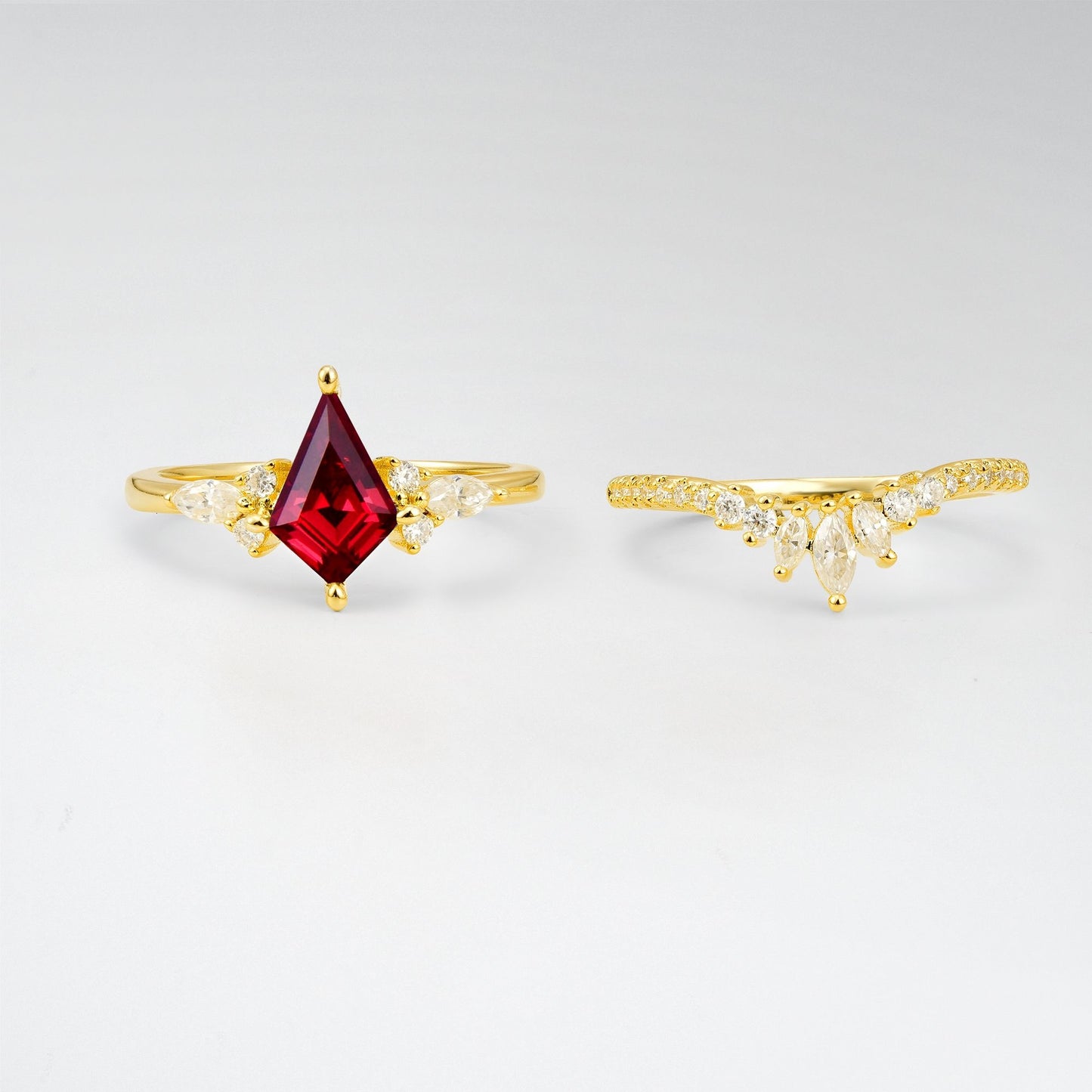 Vintage Kite Cut Ruby Tiara Engagement Ring Set - Rose-Gold