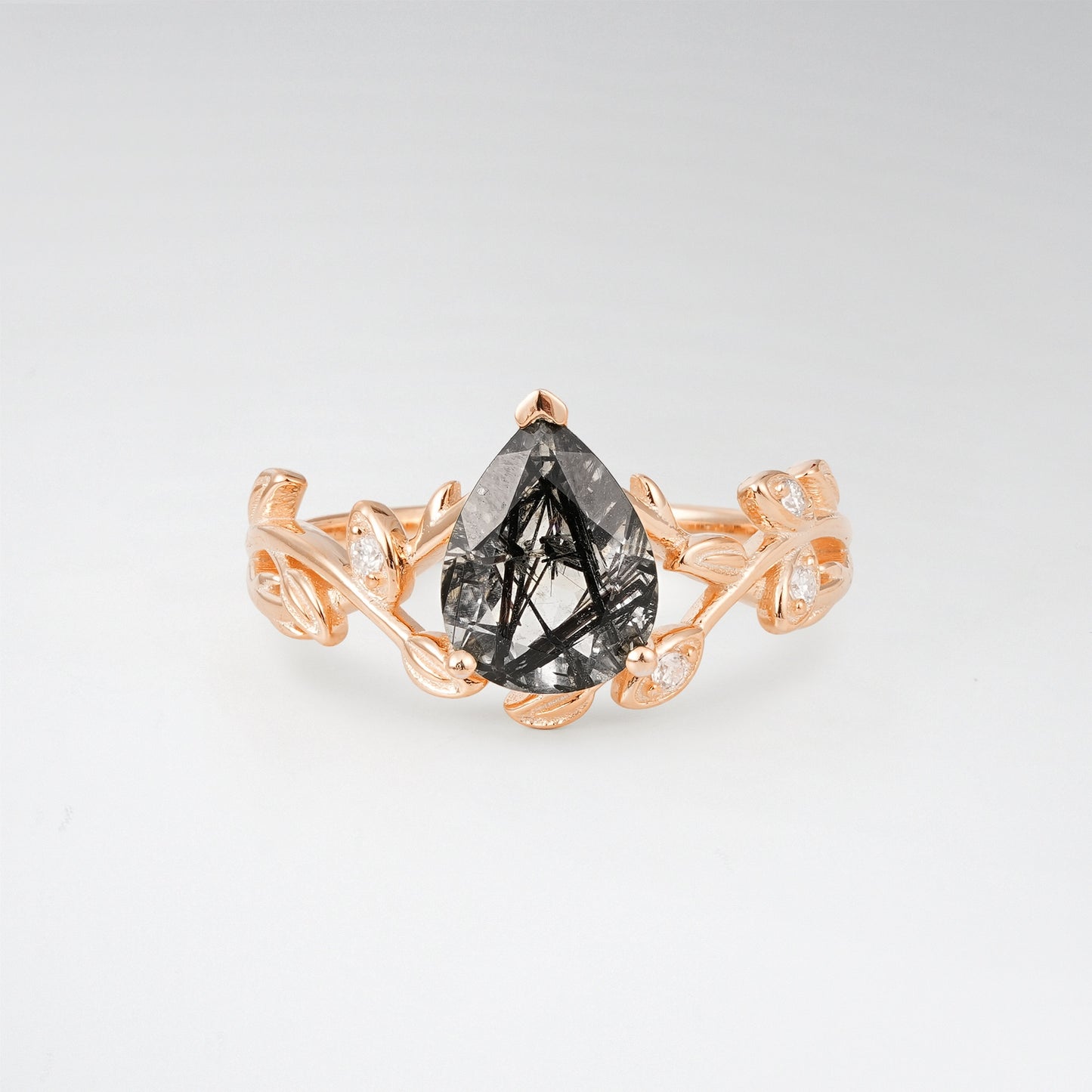 Nature-Inspired Pear Cut Black Rutilated Quartz 1.5CT Floral Petal Engagement Ring - Additional view