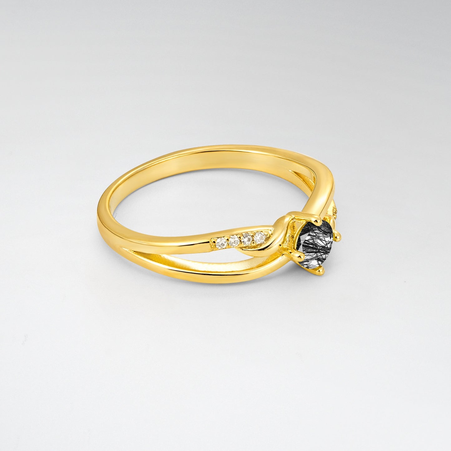 Round Cut Black Rutilated Quartz Split Shank Promise Ring - Additional view