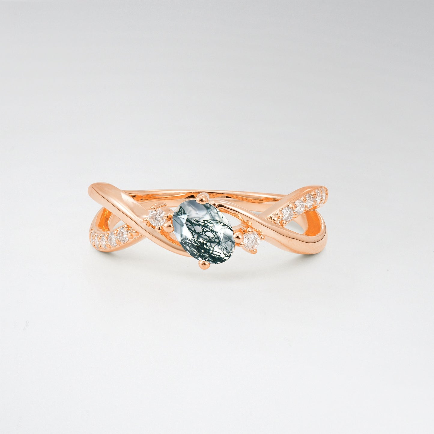 Modern Oval Cut Moss Agate Infinity Twisted Bypass Promise Ring - Additional view