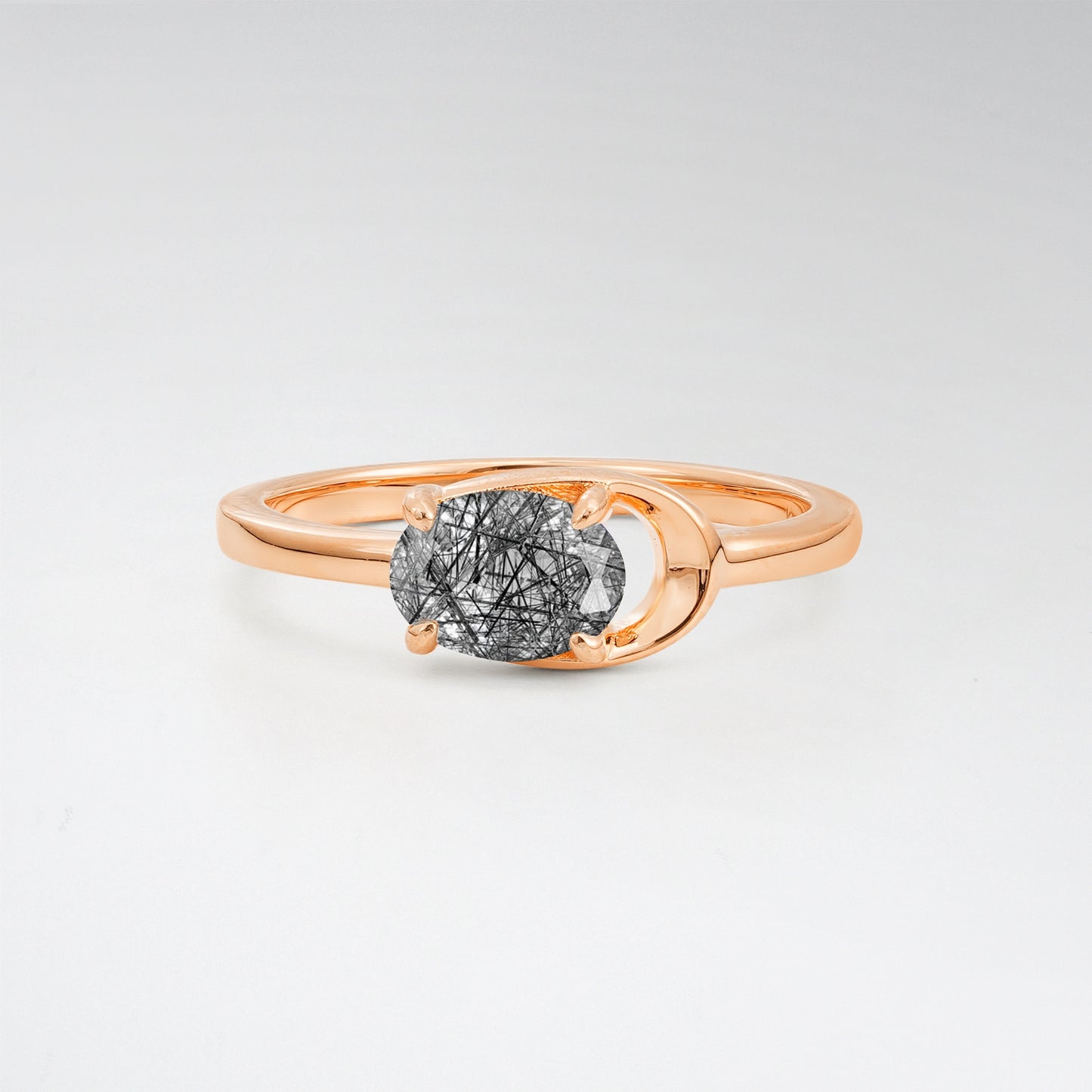 Minimalist Oval Cut Black Rutilated Quartz Modern Wrap Solitaire Ring - Additional view