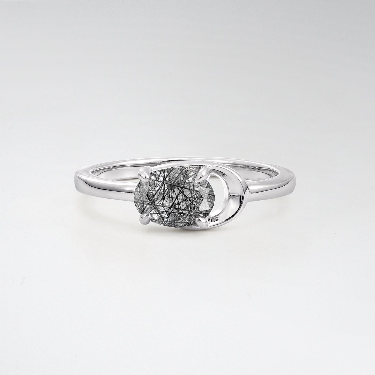 Minimalist Oval Cut Black Rutilated Quartz Modern Wrap Solitaire Ring - Additional view