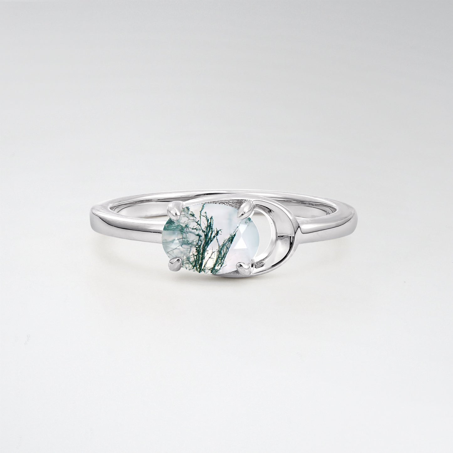 Minimalist Oval Cut Moss Agate Modern Wrap Solitaire Ring - Additional view