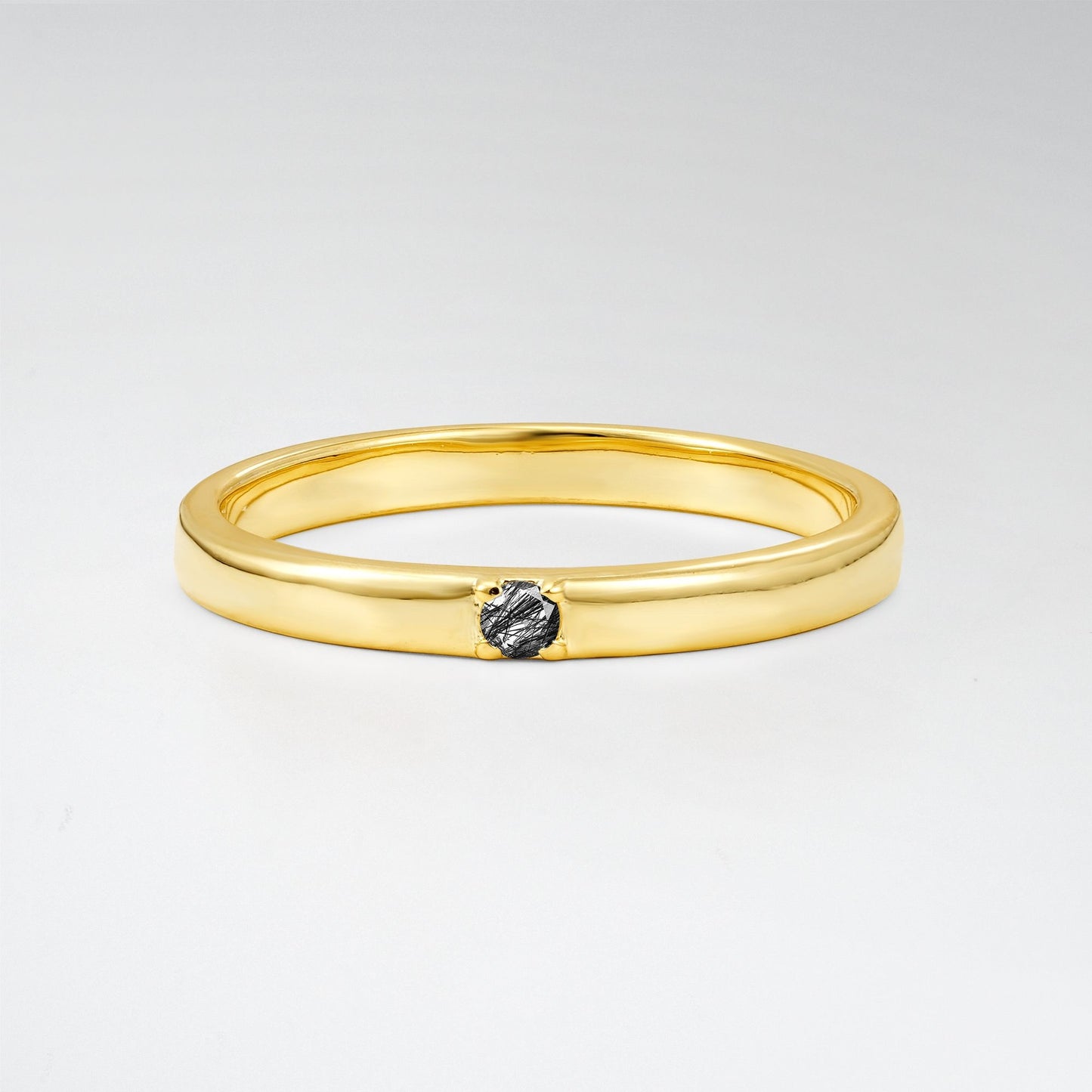 Modern Round Cut Black Rutilated Quartz Minimalist Wedding Band - Additional view