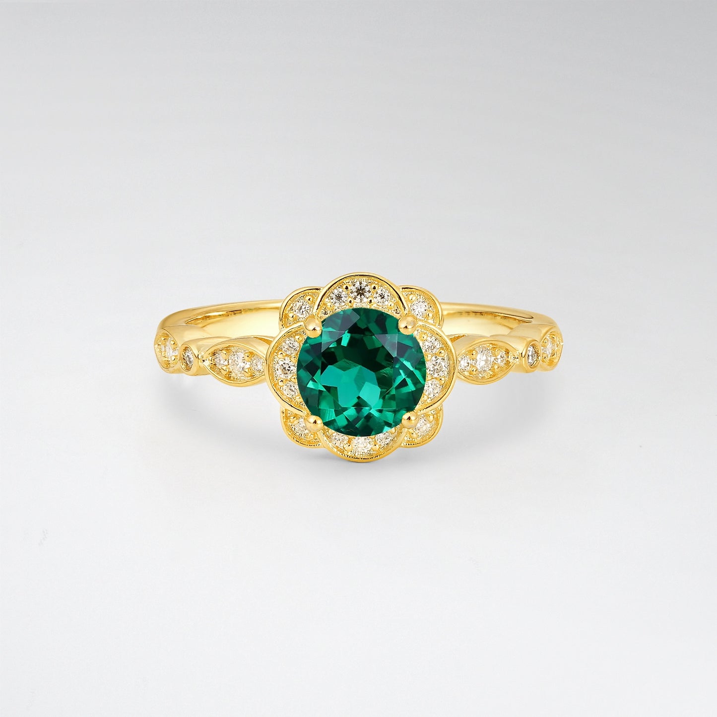 Round Cut Floral Halo Emerald Nature Engagement Ring - Additional view