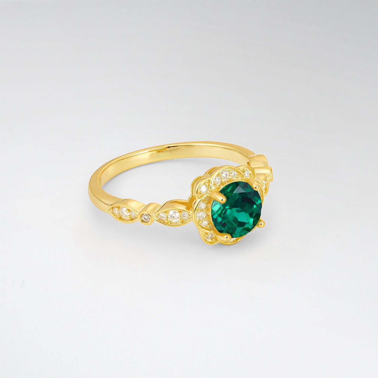 Round Cut Floral Halo Emerald Nature Engagement Ring - Additional view