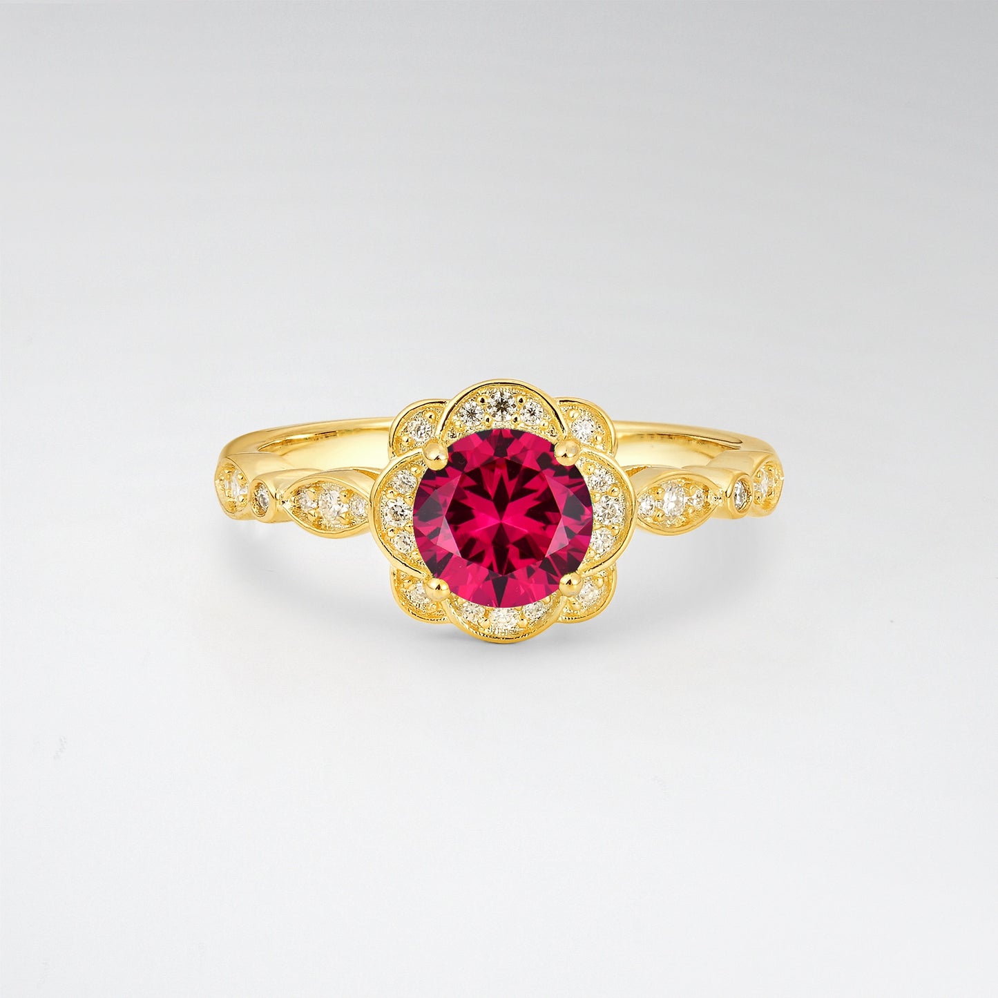 Round Cut Floral Halo Ruby Nature Engagement Ring - Additional view