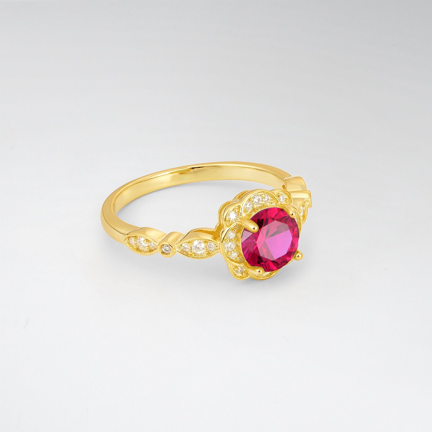 Round Cut Floral Halo Ruby Nature Engagement Ring - Additional view