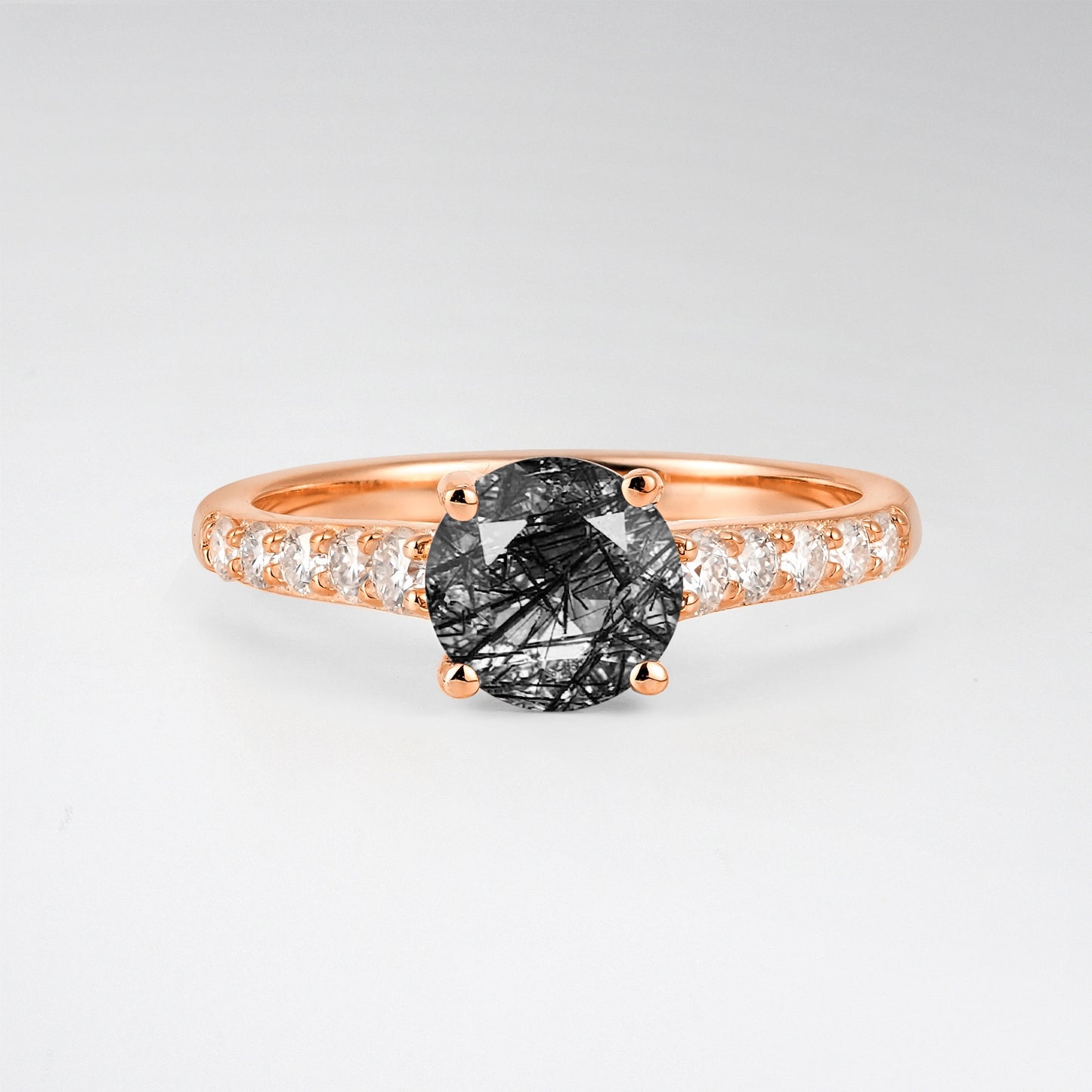 Classic Round Cut Black Rutilated Quartz Pavé Engagement Ring - Additional view
