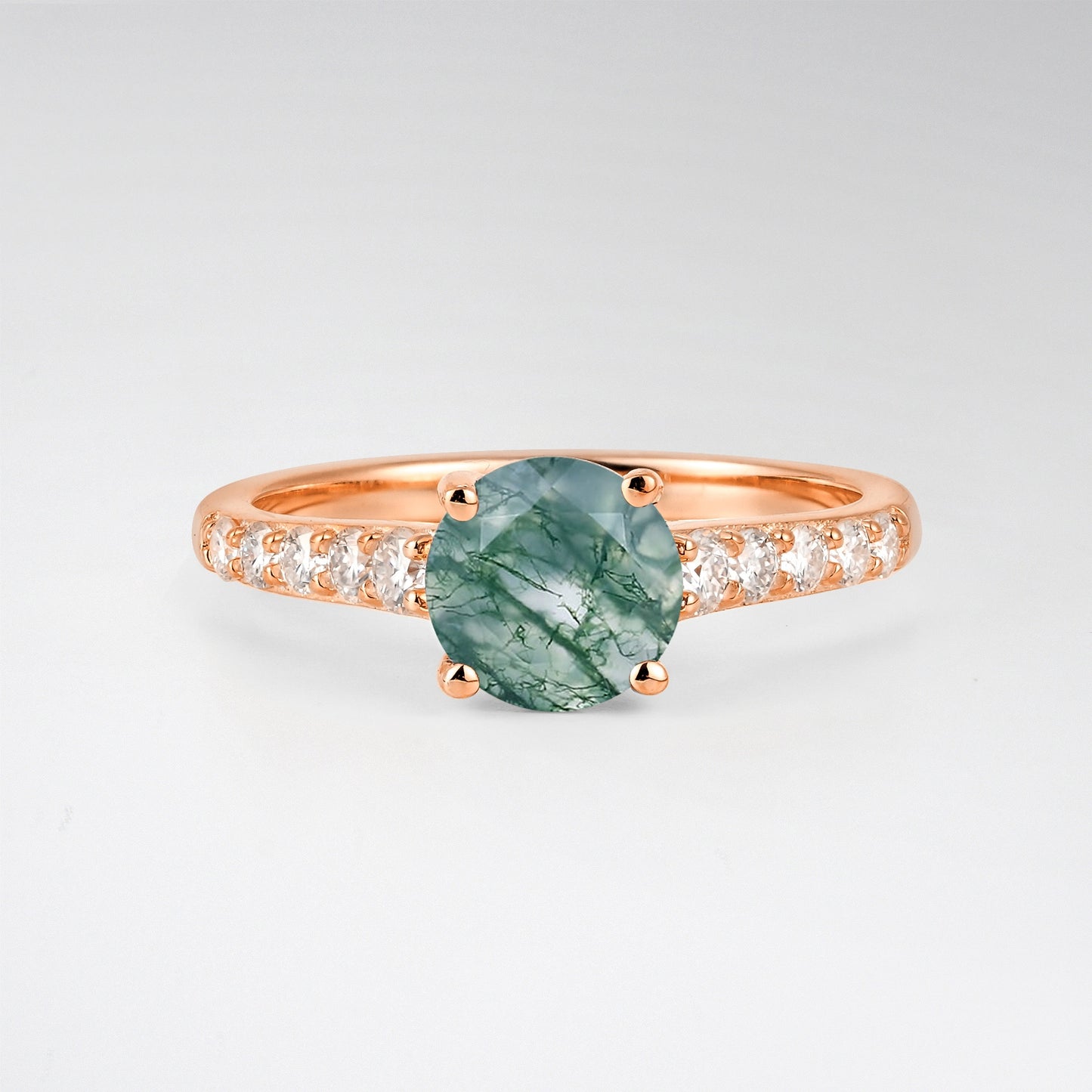 Classic Round Cut Moss Agate Pavé Engagement Ring - Additional view