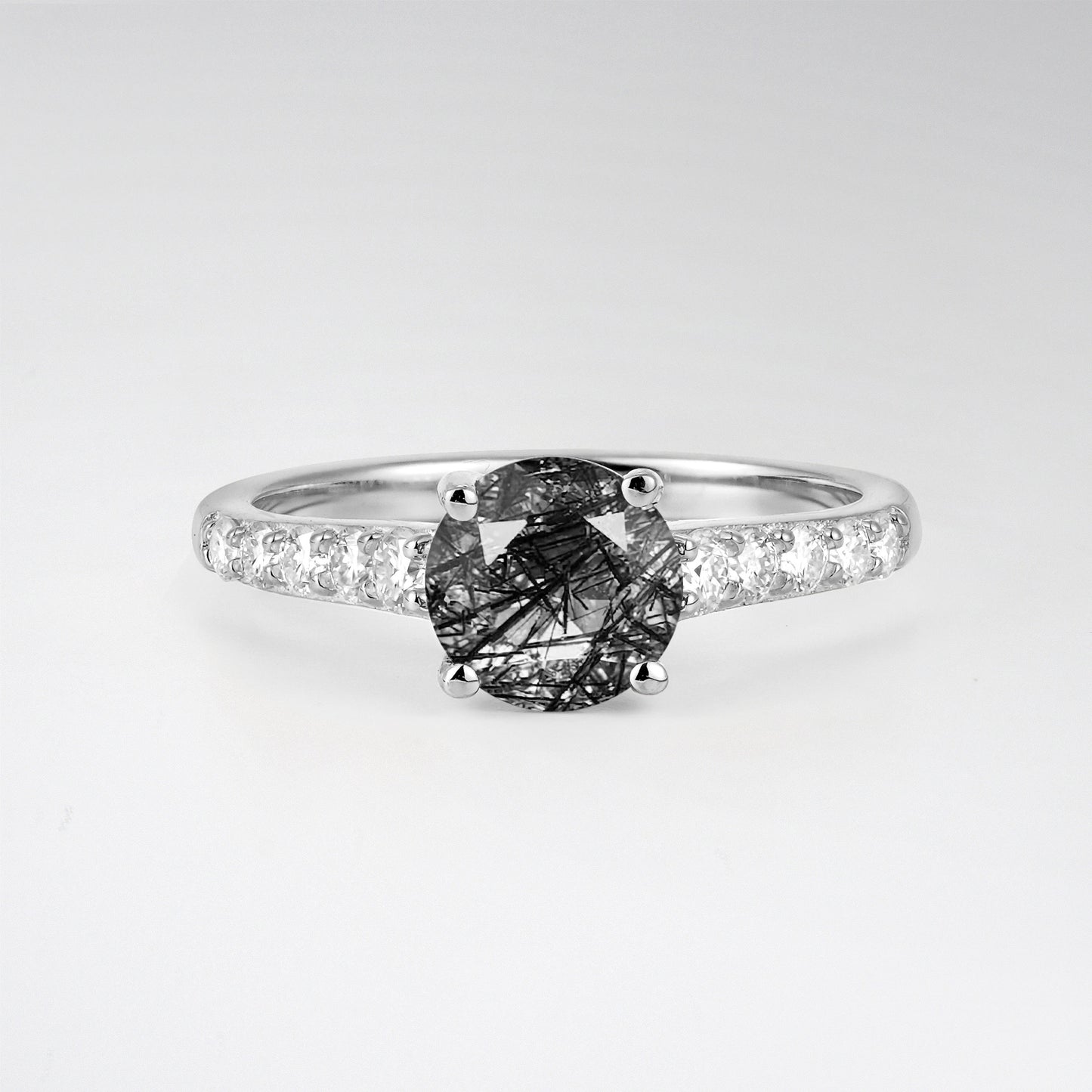 Classic Round Cut Black Rutilated Quartz Pavé Engagement Ring - Additional view