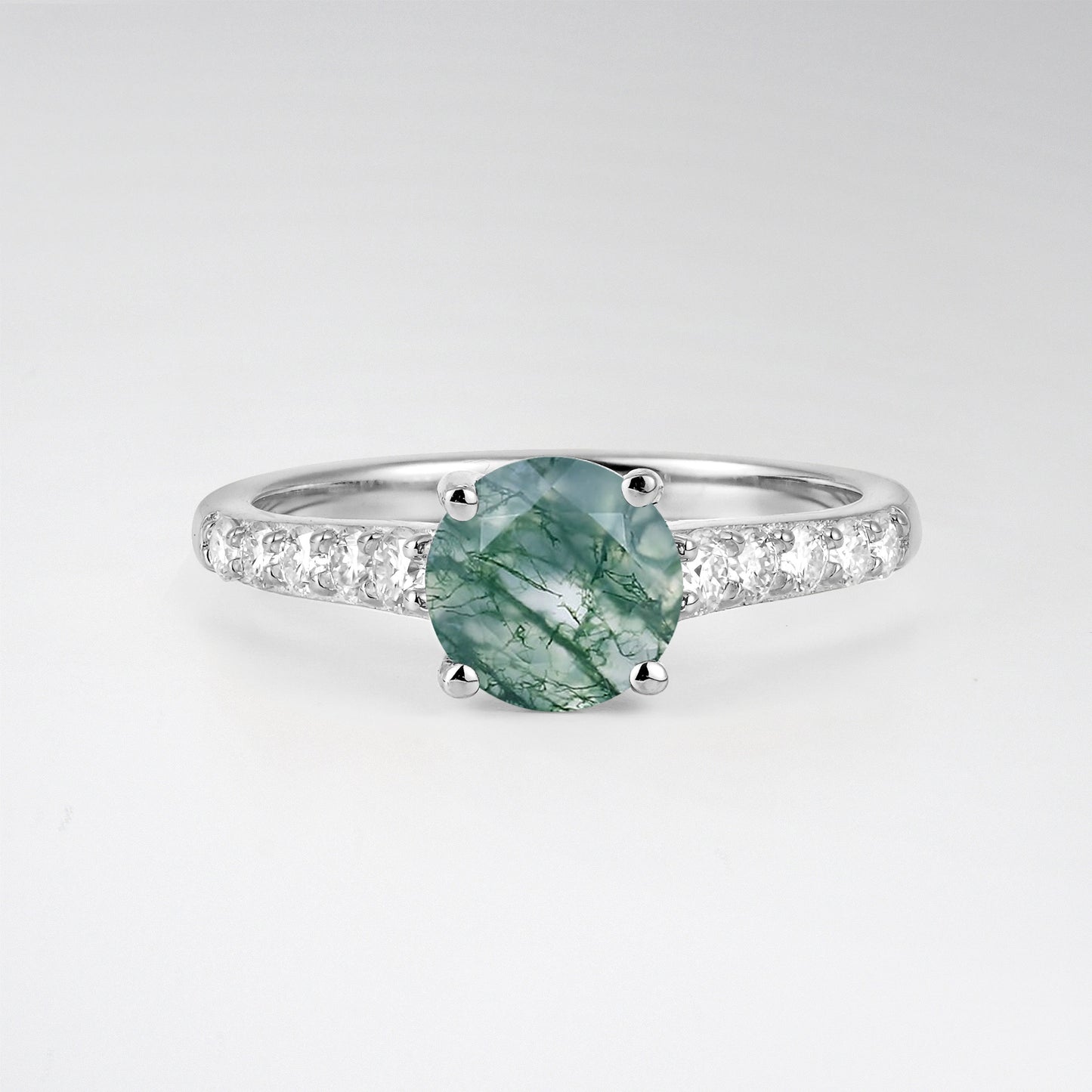 Classic Round Cut Moss Agate Pavé Engagement Ring - Additional view