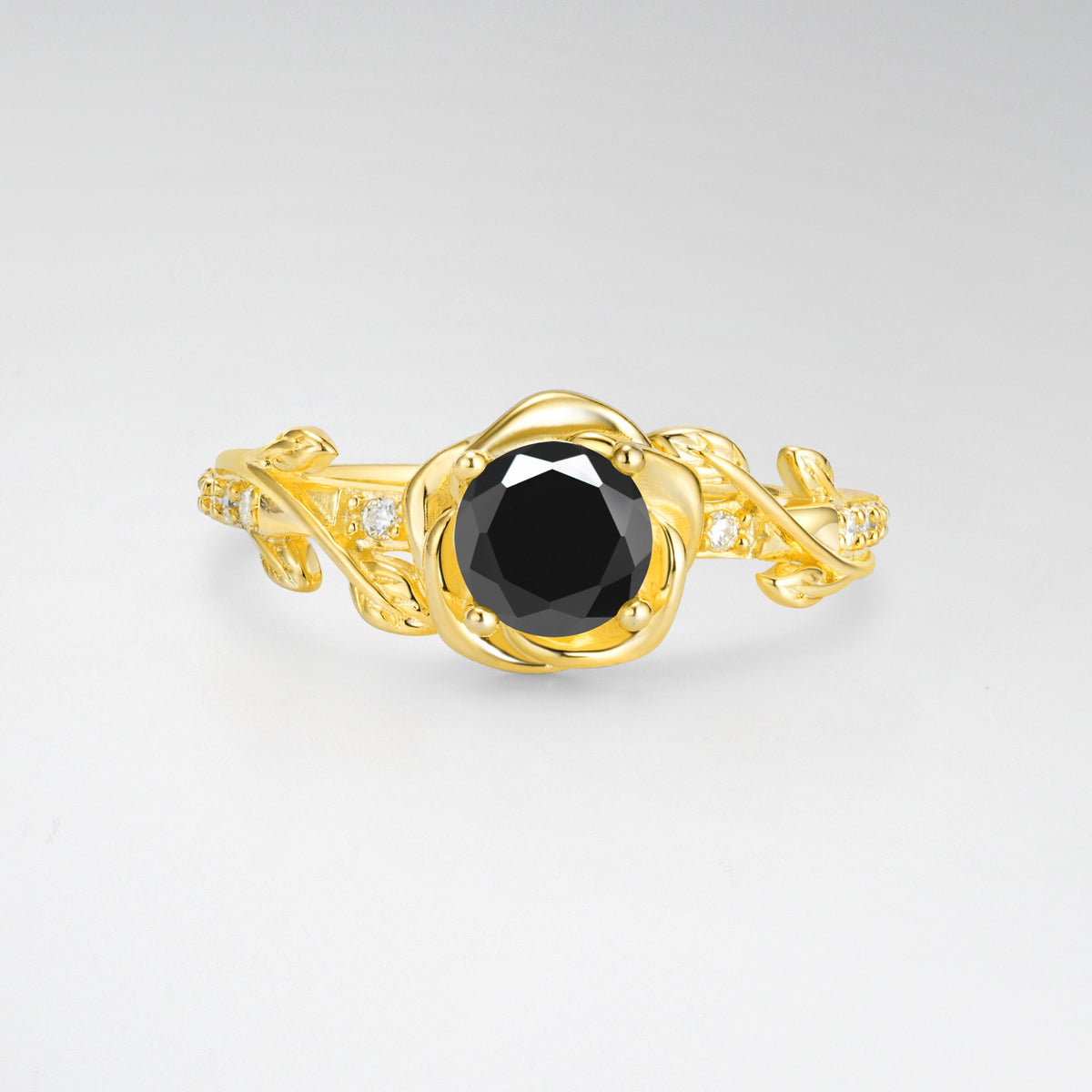 Rose Vine Solitaire Round Cut Black Onyx Engagement Ring - Additional view