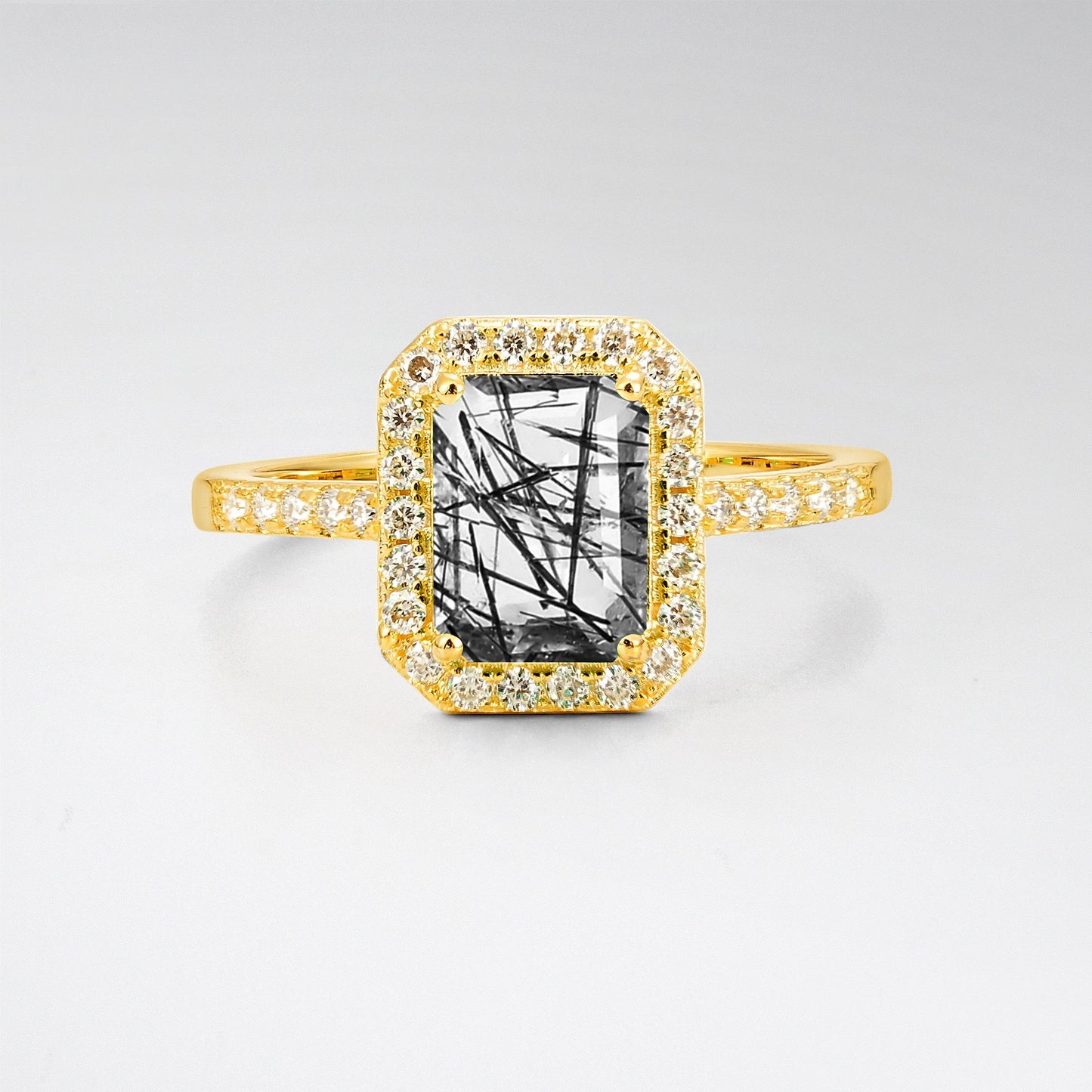 Vintage Emerald Cut Black Rutilated Quartz Halo Engagement Ring - Additional view