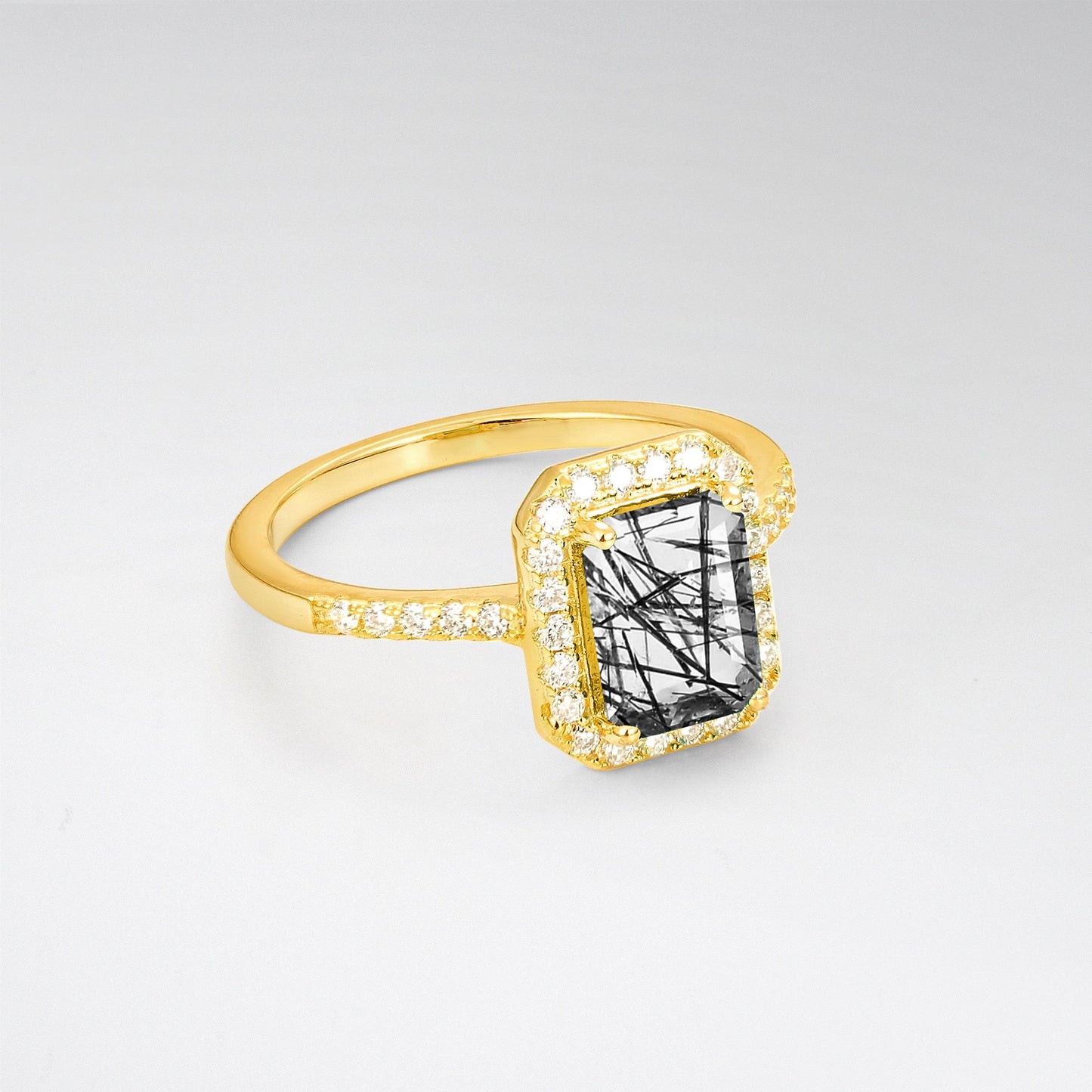 Vintage Emerald Cut Black Rutilated Quartz Halo Engagement Ring - Additional view